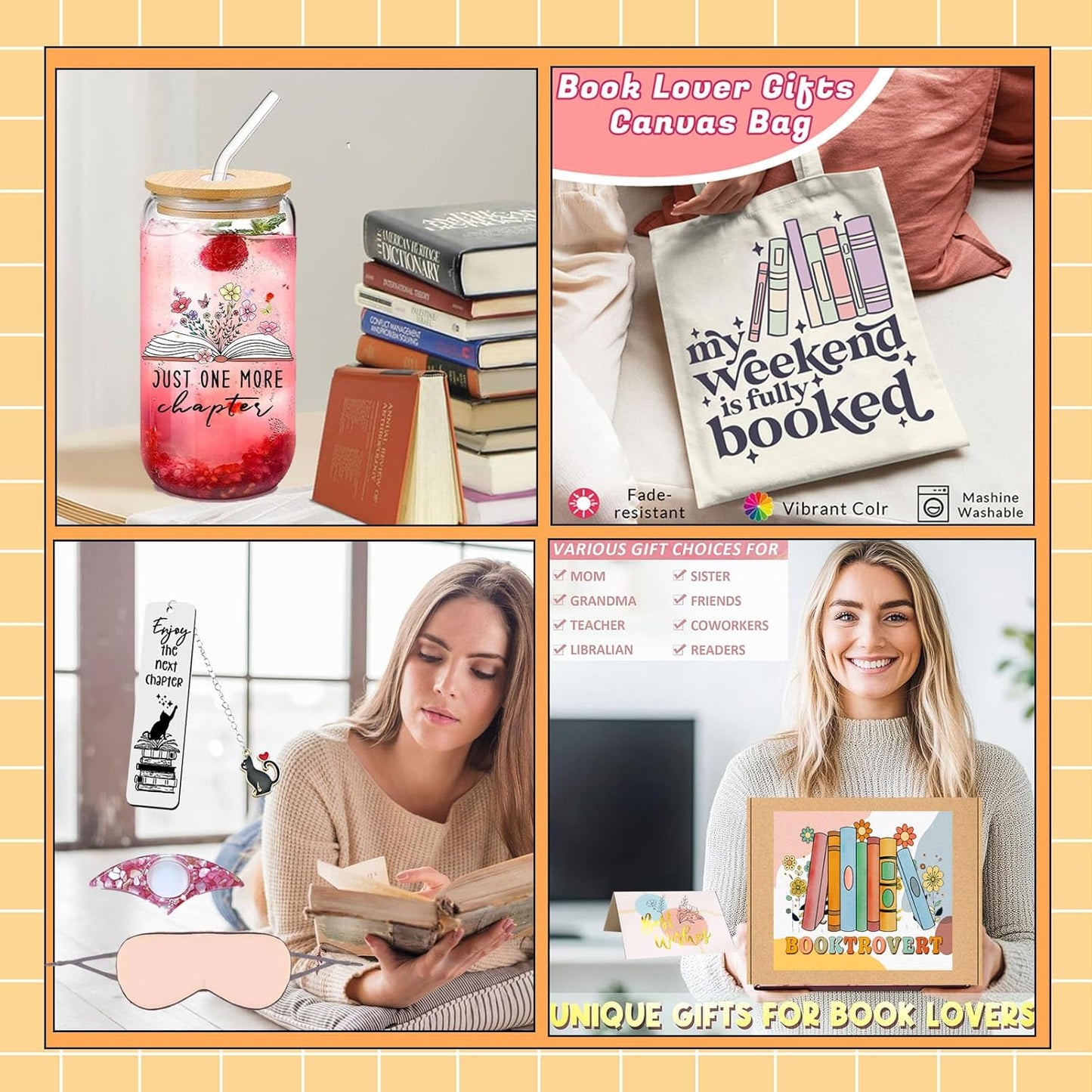 Hqvbvc 8 Pcs Book Lovers Gifts for Women Book Club Accessories Include 16oz Glass Cup Tote Bag Socks Keychain Bookmark Page Holder Birthday Gifts for Readers Librarians, Bookworms Teacher (8pcs)