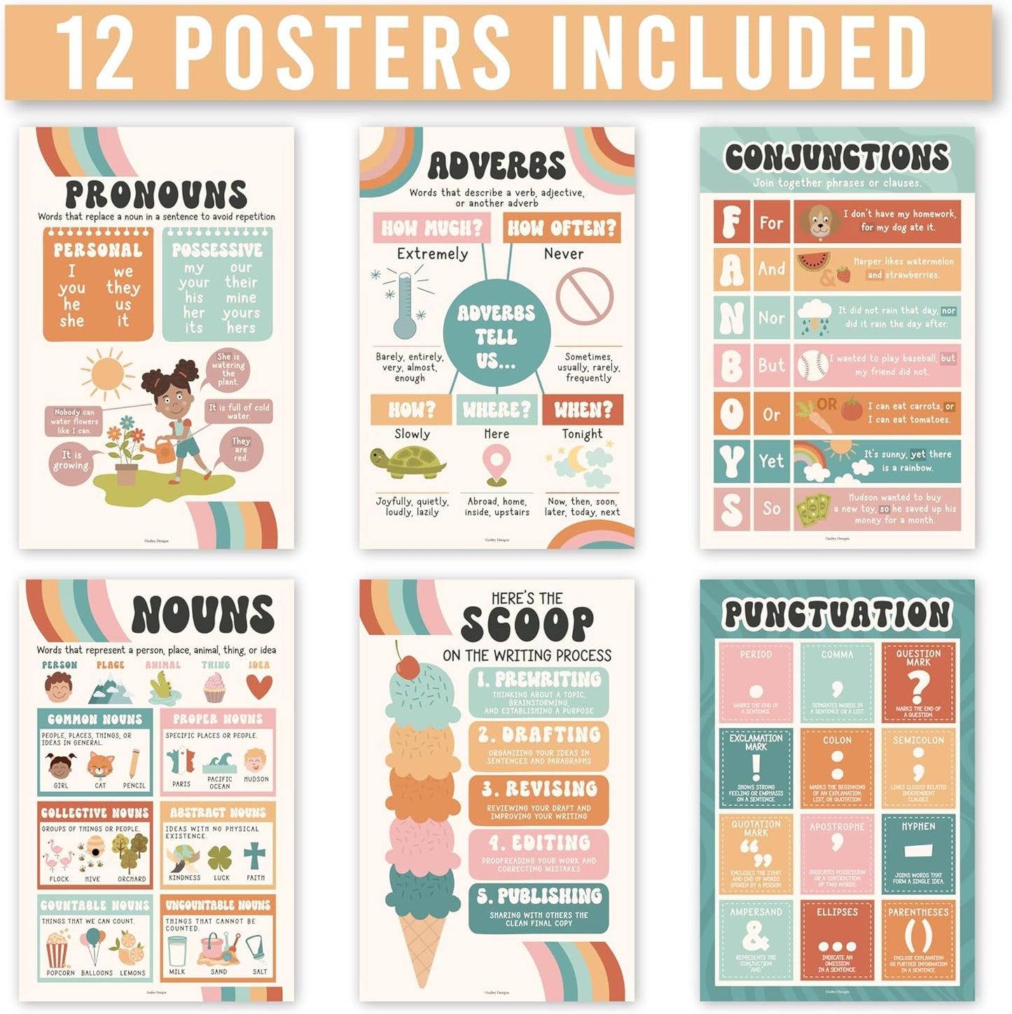 Hadley Designs Parts of Speech Posters for Classroom Decor - 12 English Grammar Posters for Classroom, Writing Process Language Arts Elementary & Middle School, ELA Retro Teacher Must Haves