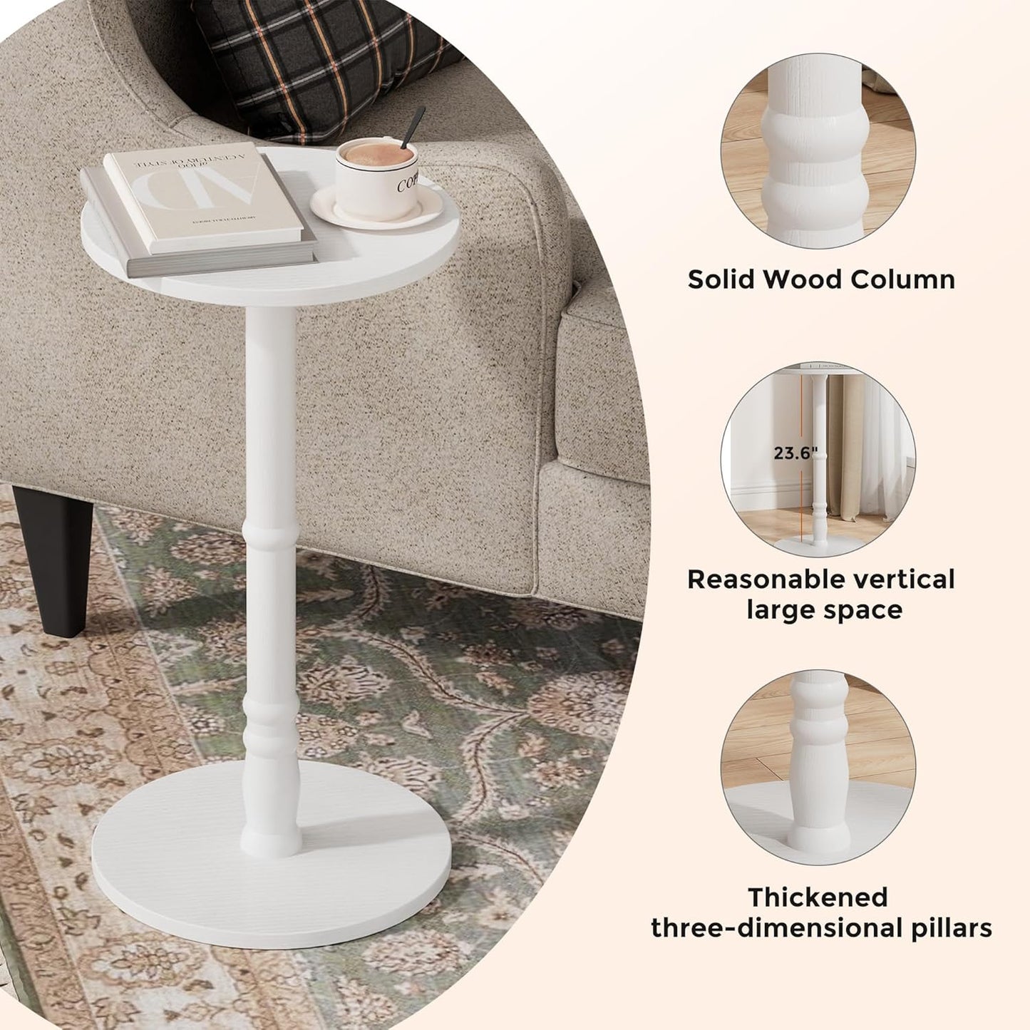 12" Round Side Tables Set of 2, Solid Wood Pillar with Wood Top & Base, Small Drink Accent Table for Living Room, Bedroom, Sofa & Office, Easy Assembly, White