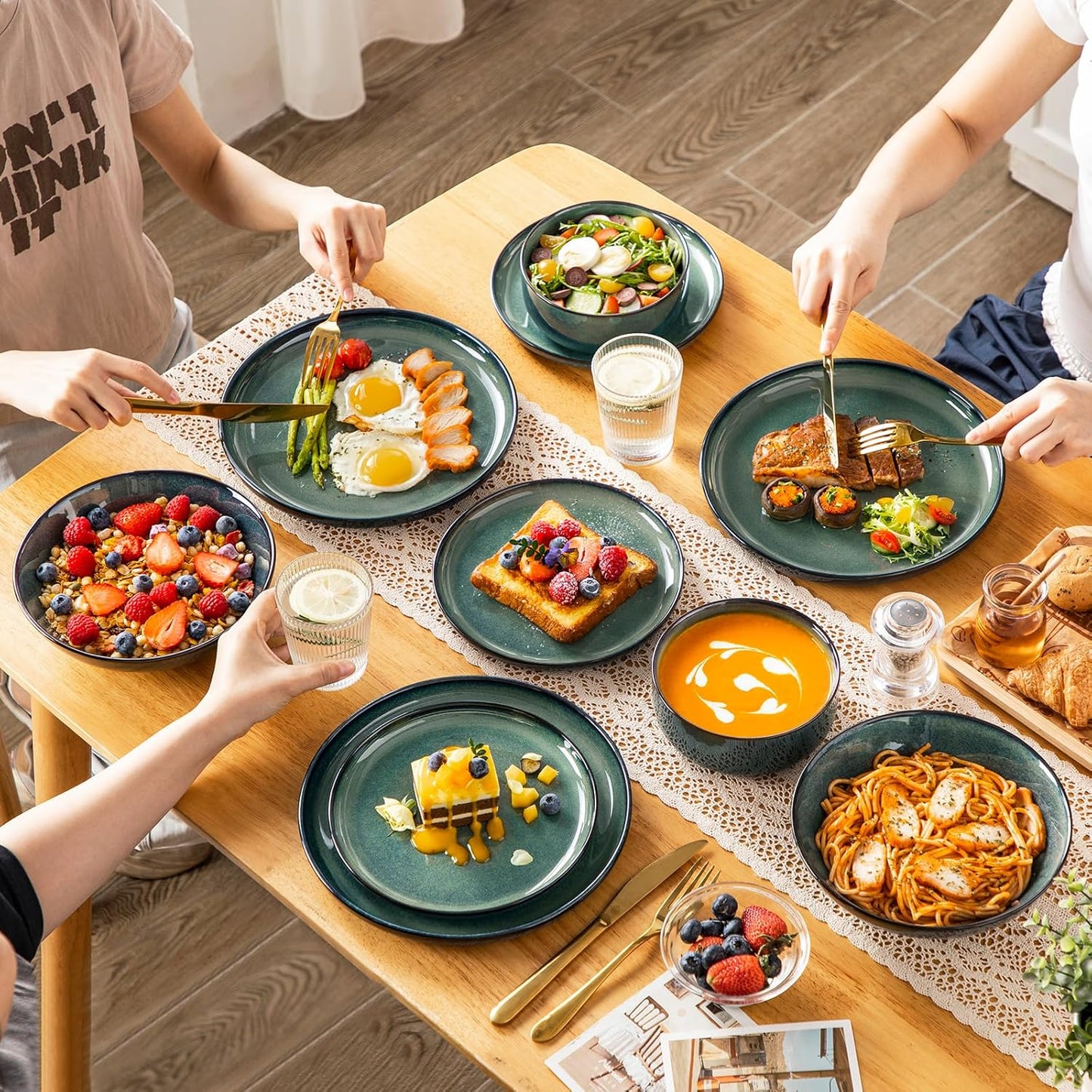 vancasso Starry Plates and Bowls Sets for 6, 24 Pieces Dinnerware Sets, Green Reactive Glaze Dishes Sets for Kitchen, Scratch Resistant Stoneware Dishes Set, Dishwasher and Microwave Safe