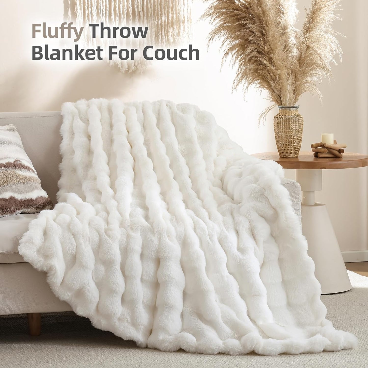Smoofy Faux Fur Throw Blanket for Couch – Cream White Fluffy Cozy Rabbit Fleece, Plush Soft Bubble Blanket for Sofa & Bed, for Mom, Warm Fuzzy Home Room Decor Throw 50" x 60"
