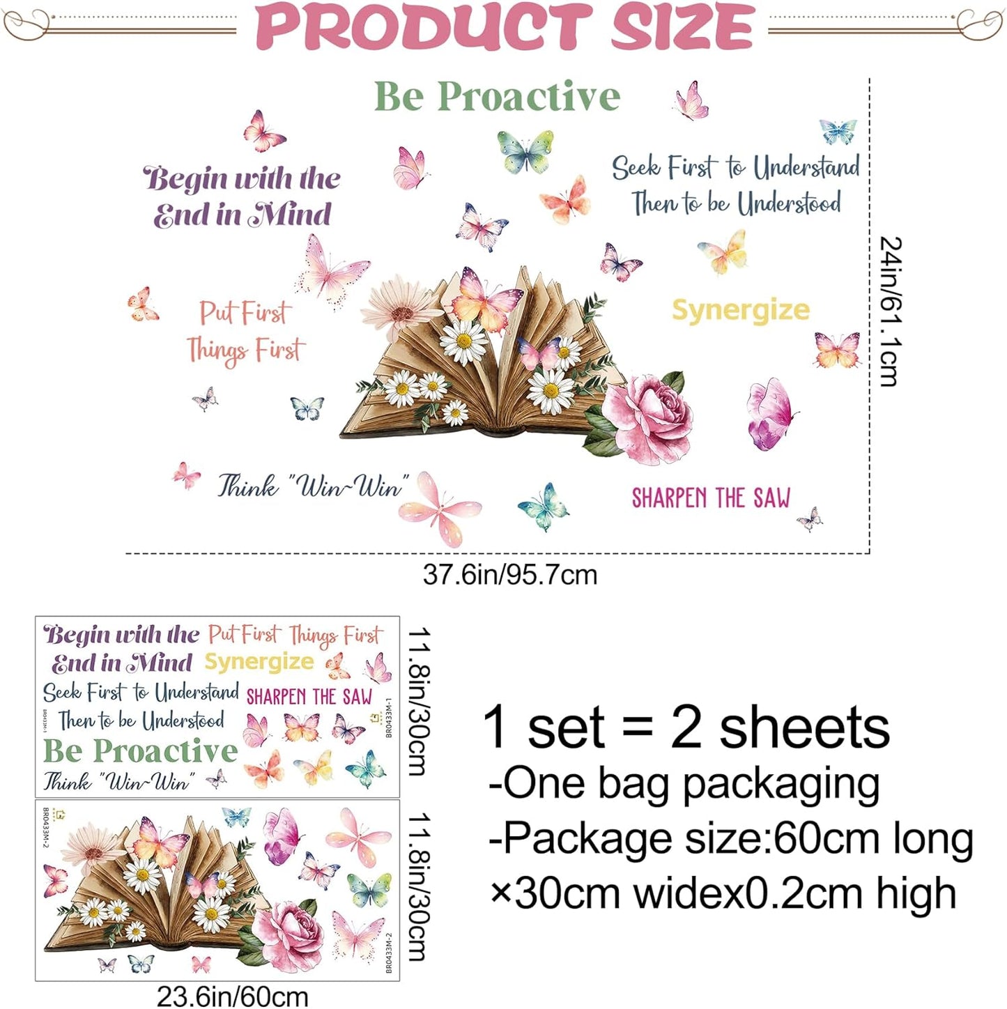 2 Sheets Creative Book Wall Decal - Removable DIY Colorful Flower Butterfly Wall Art with Inspirational Quotes for Girls & Boys Bedroom, Living Room, Bathroom & Study Decor