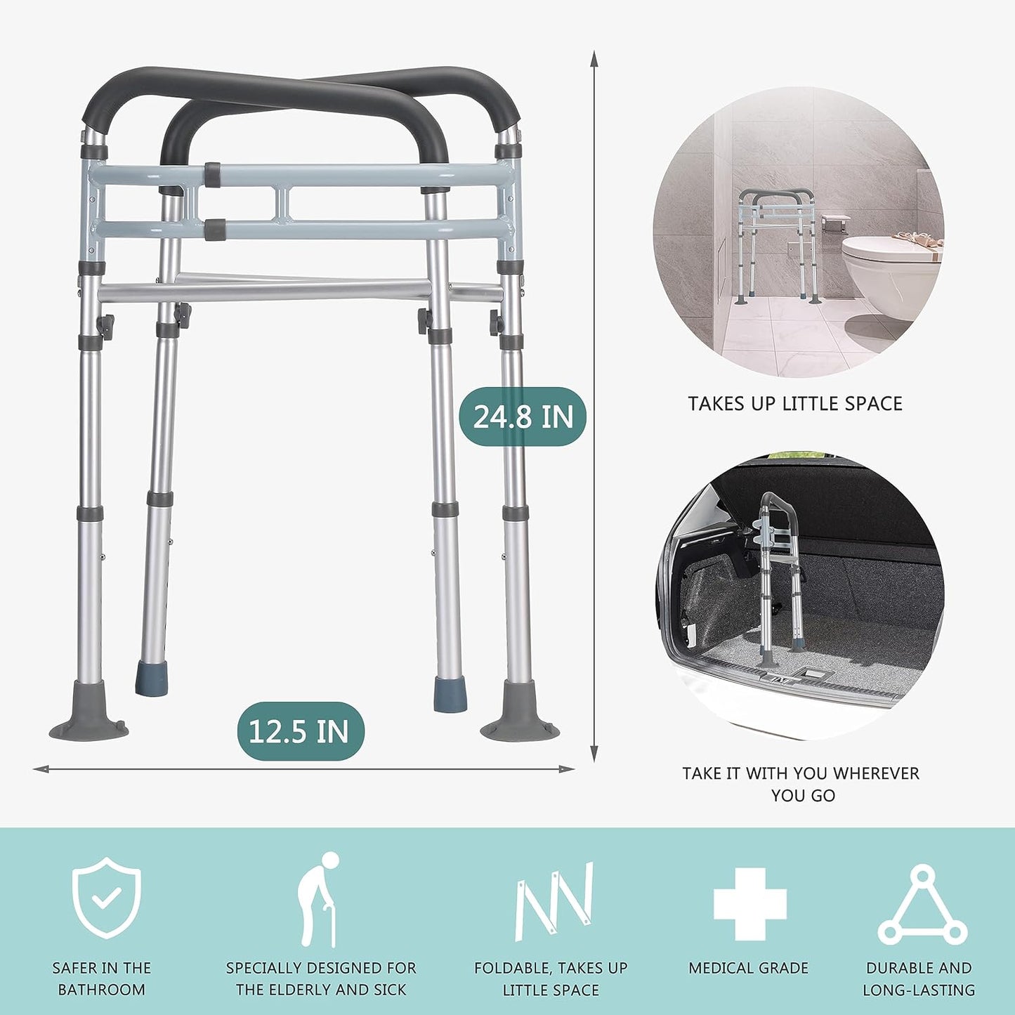 Toilet Safety Rails, Adjustable Toilet Frame for Elderly, Seniors, Handicap & Disabled, Foldable Handicap Toilet Handles Fit Any Toilets (Gray)