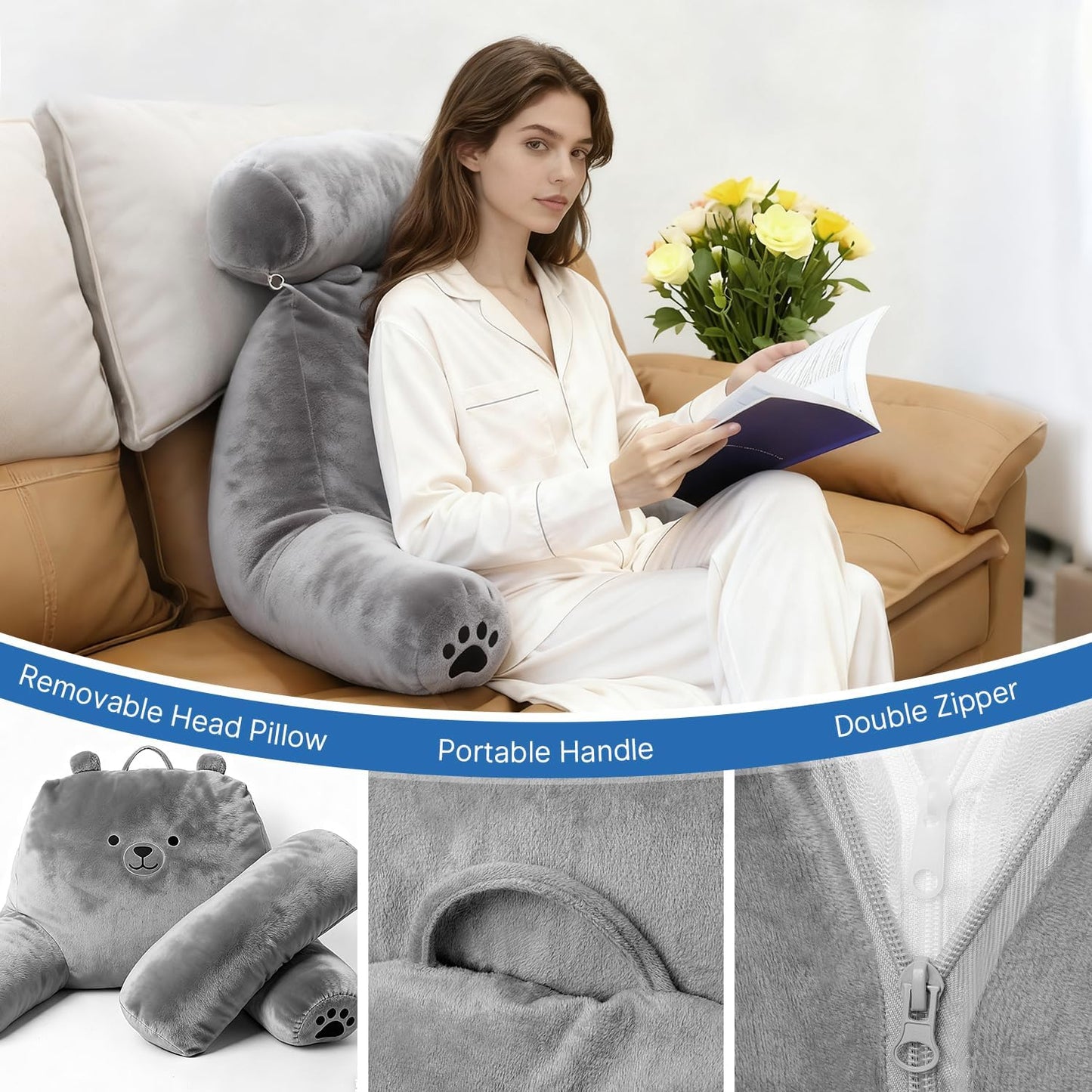 Reading Pillow Plus, Crystal Velvet Back Pillow Bed Sitting Up for Adult & Children, Back Rest Pillow Support for Reading & Rest Bed, Add Height and Removable Pillows, Dorm Essentials, Grey