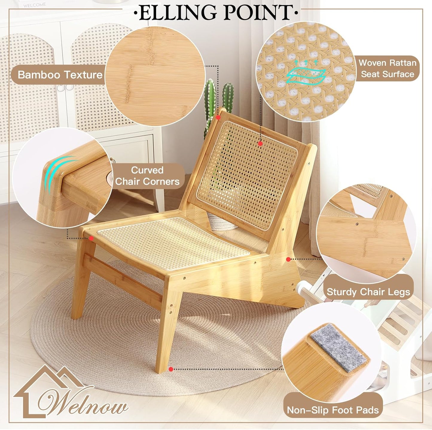 Welnow 2-Pcs Mid Century Rattan Accent Chair, Bamboo Wood Lounge Chair with Woven Cane Backrest, Low Armchair for Living Room, Bedroom, Balcony or Reading Corner, Natural