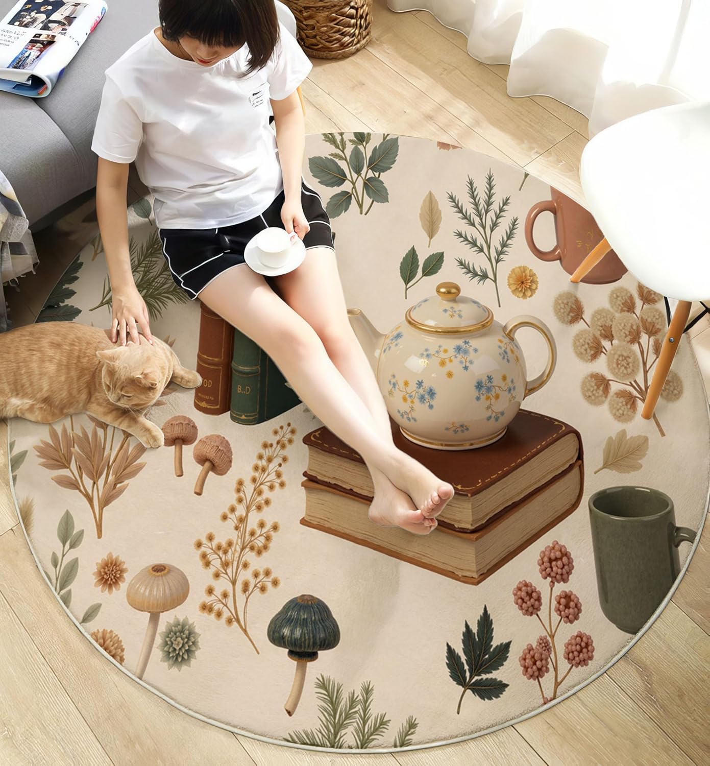 Modern Round Area Rug for Living Room, 5.25Ft Washable Round Rug Cream Color Vintage Teapot Books Circle Rugs for Dining Room Table, Country-Style Illustration Small Circular Floor Carpet for Bedroom