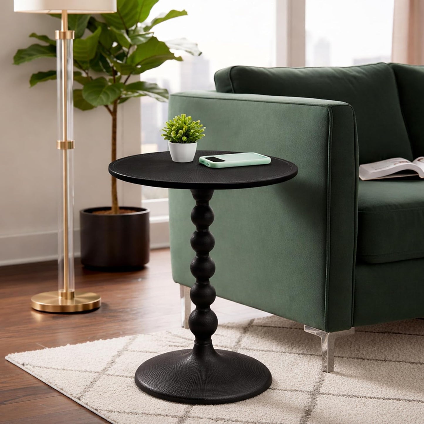 CLEENTABLE Round Metal Accent End Table – Modern Black Bedside Side Table with Hammered Top for Living Room, Bedroom, Balcony & Small Spaces, Easy Assembly Minimalist Design, 21" (Black)