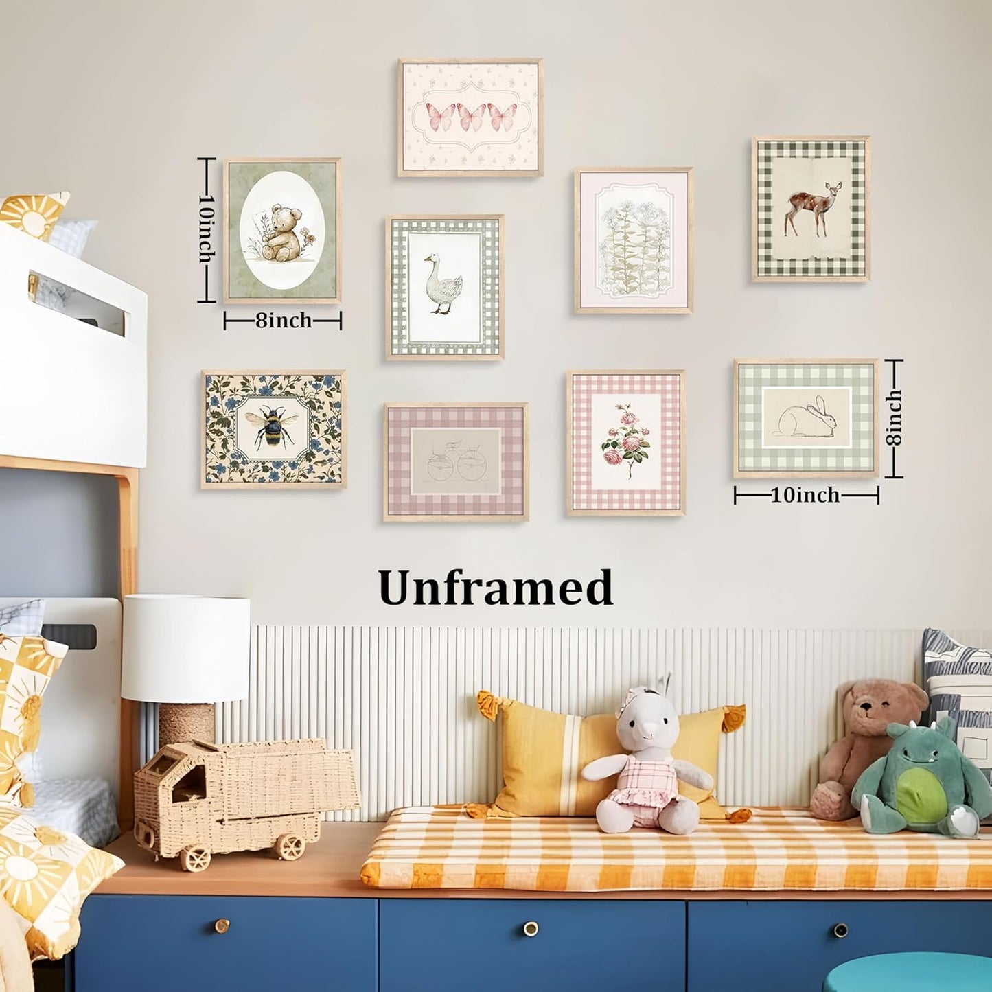 wanyun Vintage Nursery Animal Wall Art Set of 9, Cute Forest Animal Canvas Prints Poster, Rustic Cottage Farm Nursery Wall Decor Painting for Baby Kids Room Playroom, 8x10 Inch Unframed