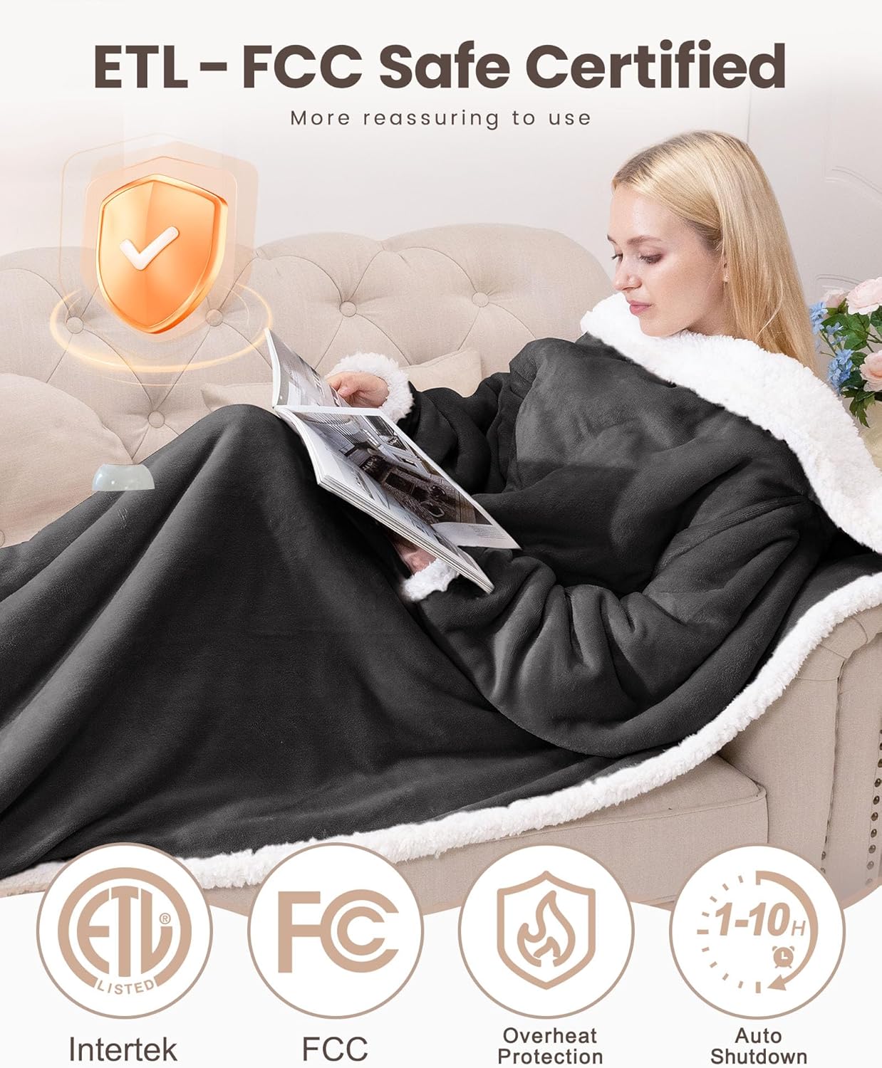 VOLISUN Wearable Heated Blanket with Foot Pocket,Electric Throw Blanket with Sleeves,9 Heating Levels & 1-10 Hours Auto Shut Off,50x70 Inch,Grey