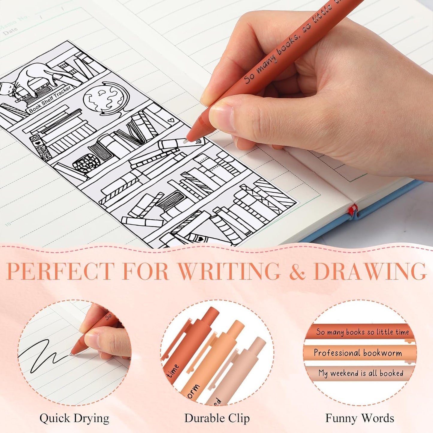 8 PCS Book Lover Gifts 16 oz Glass Cup with Bamboo Lid Straw Reading List Bookmark Sticky Pastel Highlighters Notes Pens for Bookish School Librarian Bookworm Teacher Women(Orange Red)