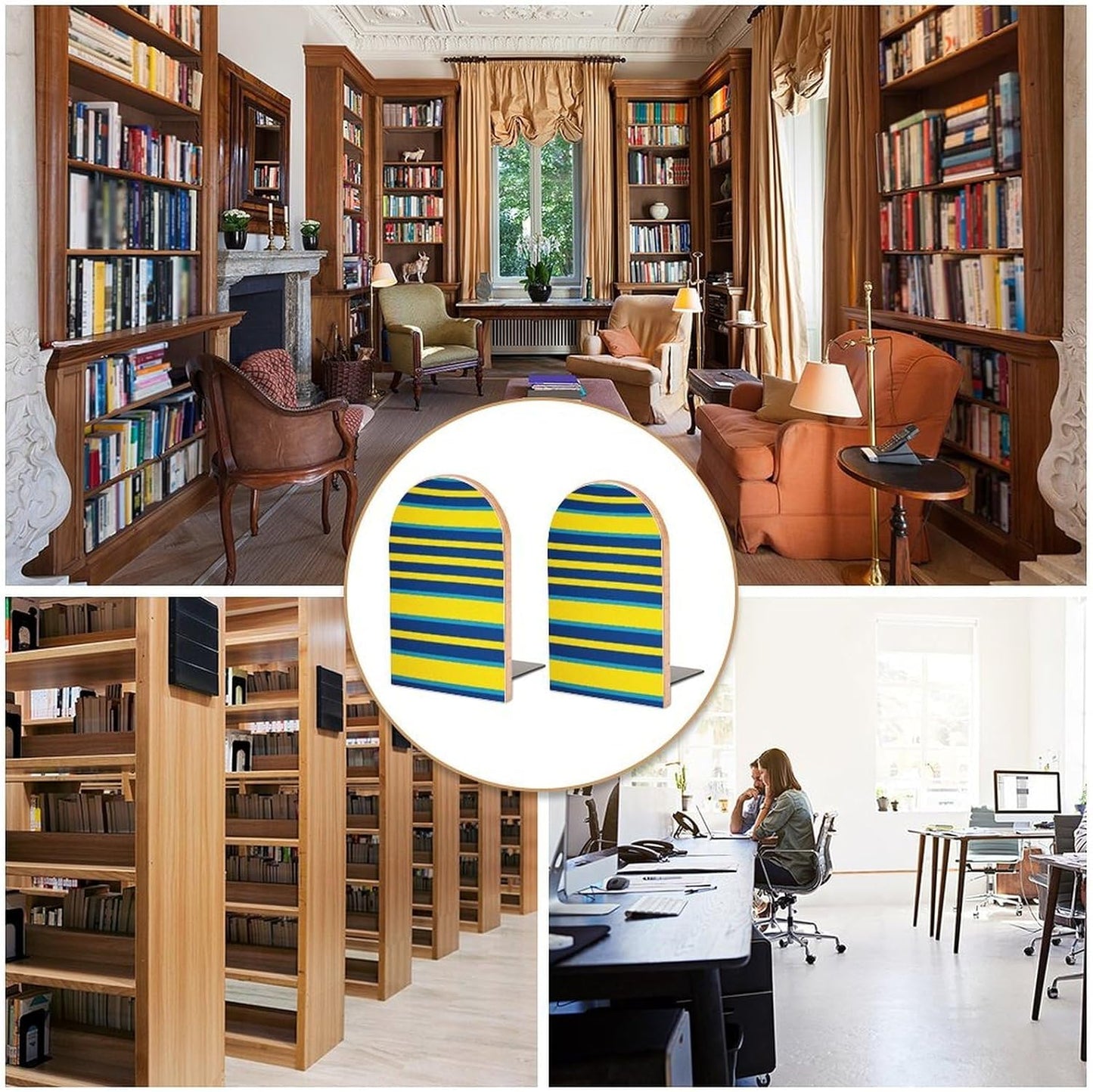 Yellow and Blue Stripes Bookend for Shelves Wooden Book End Large Size Sturdy Book Holders Stoppers with Metal Base for Bookshelves Slick Decorative Bookends Stands