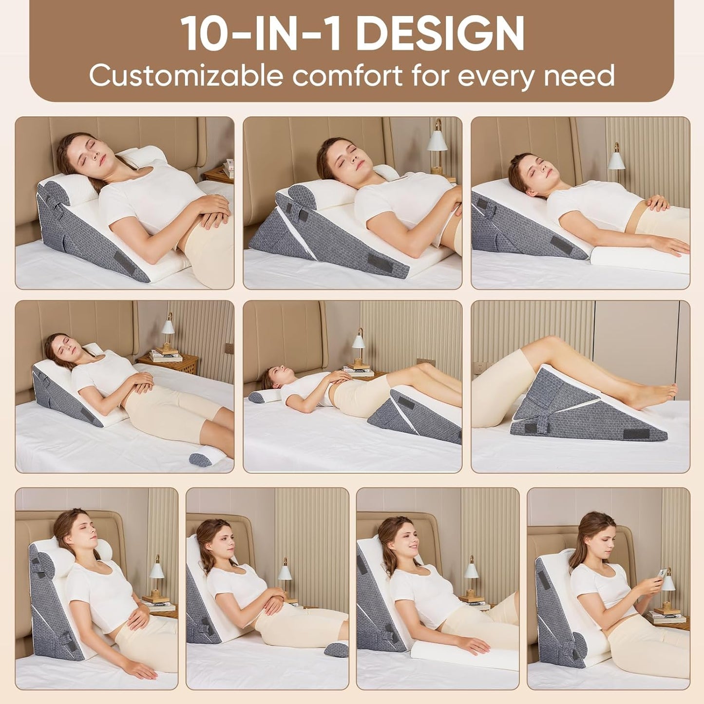 3-Piece Adjustable Bed Wedge Pillow Set for After Post Surgery,10-in-1 Orthopedic Foam Wedge Pillow Headboard Support for Acid Reflux, Sleeping,Snoring, Back & Leg Pain Relief