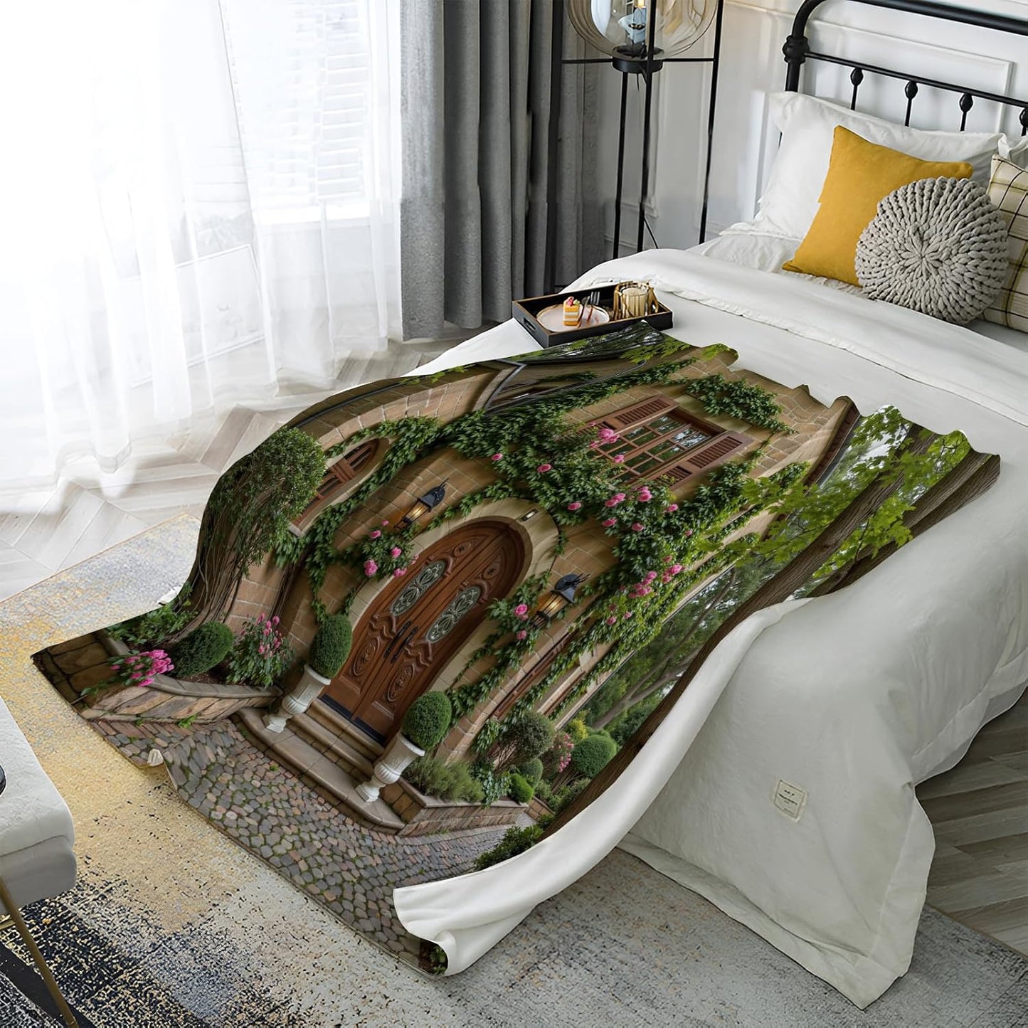 Ivy Wall Blankets Emerald Pumpkin Throw Blanket Soft Farmhouse Forest 3D Window View Wooden Door Flannel Fleece Blankets and Throws for Home Living Room Sofa Couch Bed Chair Decor,68 x 90 in