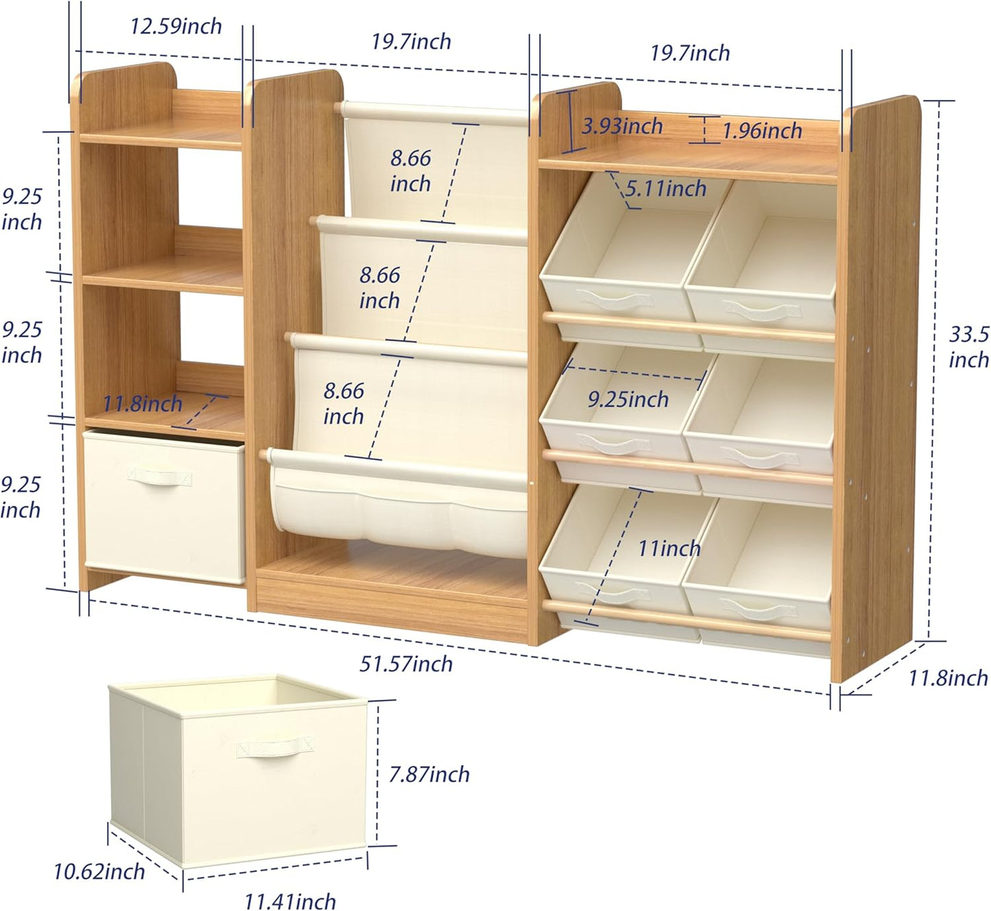Kids Bookshelf and Toy Storage, Large Toy Storage Chest with Removable Bins, Kids Toy Storage Organizer, Sling Baby Bookcase, 4-Tier Book Shelf for Kids Room, Playroom, Classroom