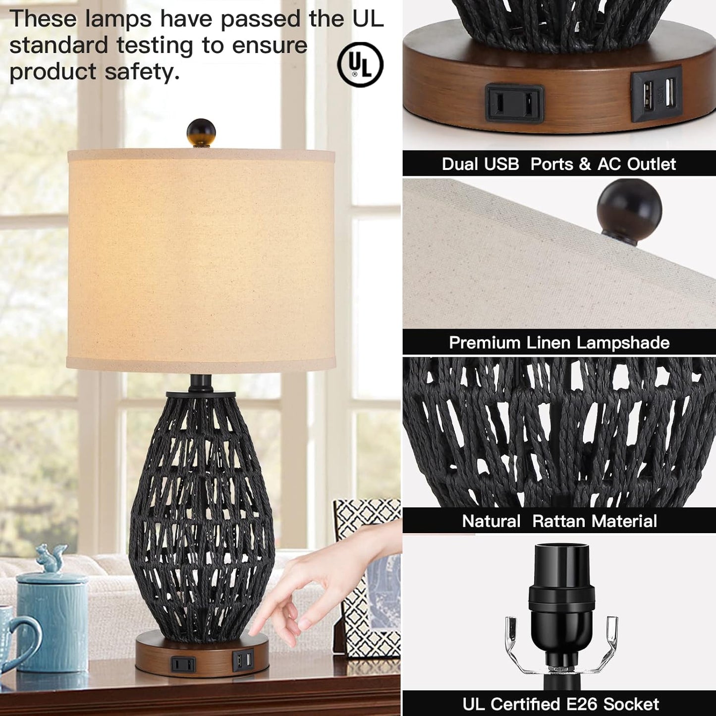 Touch Control Rattan Table Lamps, 3 Way Dimmable Bedside Lamps for Bedroom Set of 2 with 2 USB Ports and AC Outlet, Wicker Nightstand Lamps for Living Room (LED Bulbs Included), Black