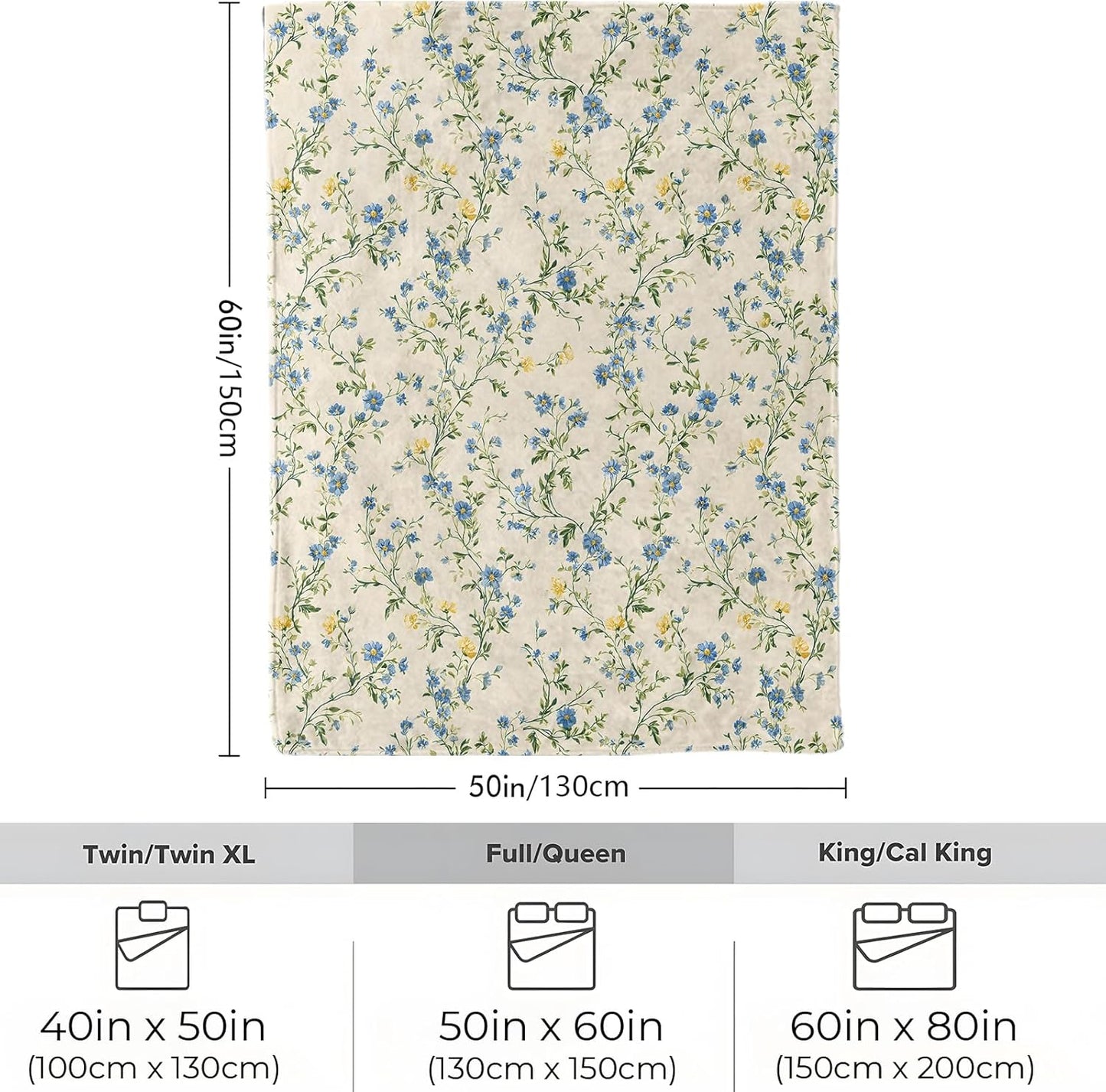 Vintage Floral Blanket, Soft Cozy Lightweight Blue and Yellow Wildflowers Throw Blanket for Women Girls Kids Teens, Sofa Couch Bed 50x60 Inch Flannel Blankets for Travel Decor Gifts