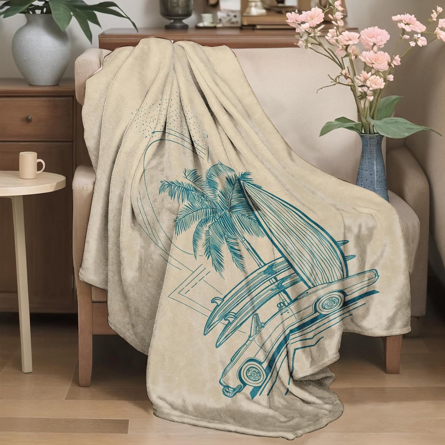 Summer Surfing Flannel Blanket Car Surfboard and Palm Tree Design Warm Lightweight Throw Blankets for Sofa Picnic Travel and Gathering Decorate All Season Use Ocean Lovers Gifts 50x60in