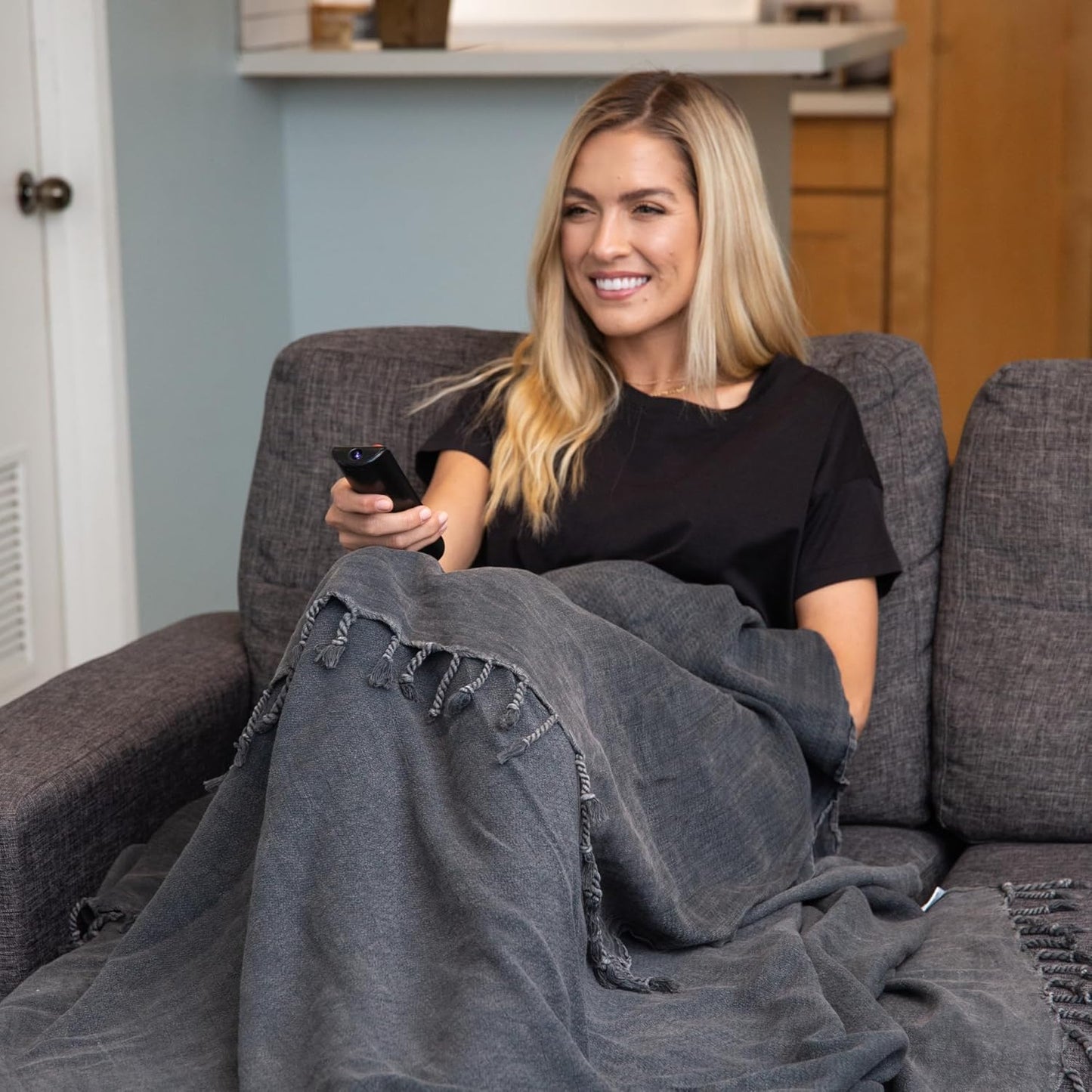 Stonewashed Turkish Throw Blanket - 100% Organic Cotton - 80" x 48" - Soft, Lightweight, Cozy - for Couch, Sofa, Picnic, Yoga - Charcoal Grey