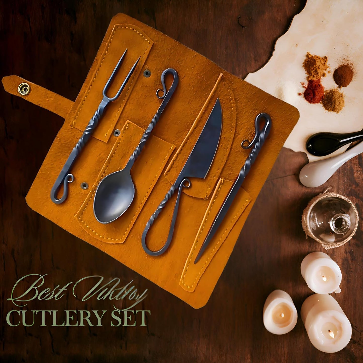 Hand Forged Medieval Cutlery Set- 4 Pcs Viking Utensils Set Fork Spoon And Knife Set- Medieval Silverware Set with Leather Cover- Viking Camping Utensils, Medieval Decor, Gifts (Black)