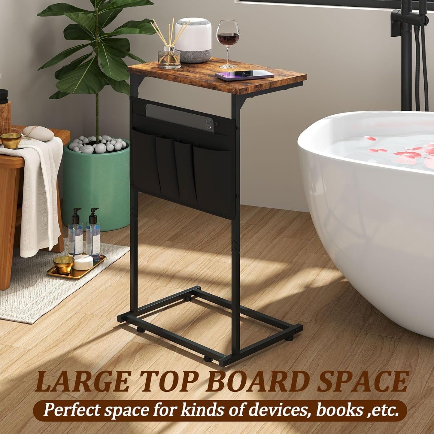 C Shaped End Table, Small Side Table with Storage Bag for Couch, Sofa Table with Metal Frame for Living Room and Bedroom Bedside, Rustic Brown ZER-007Br