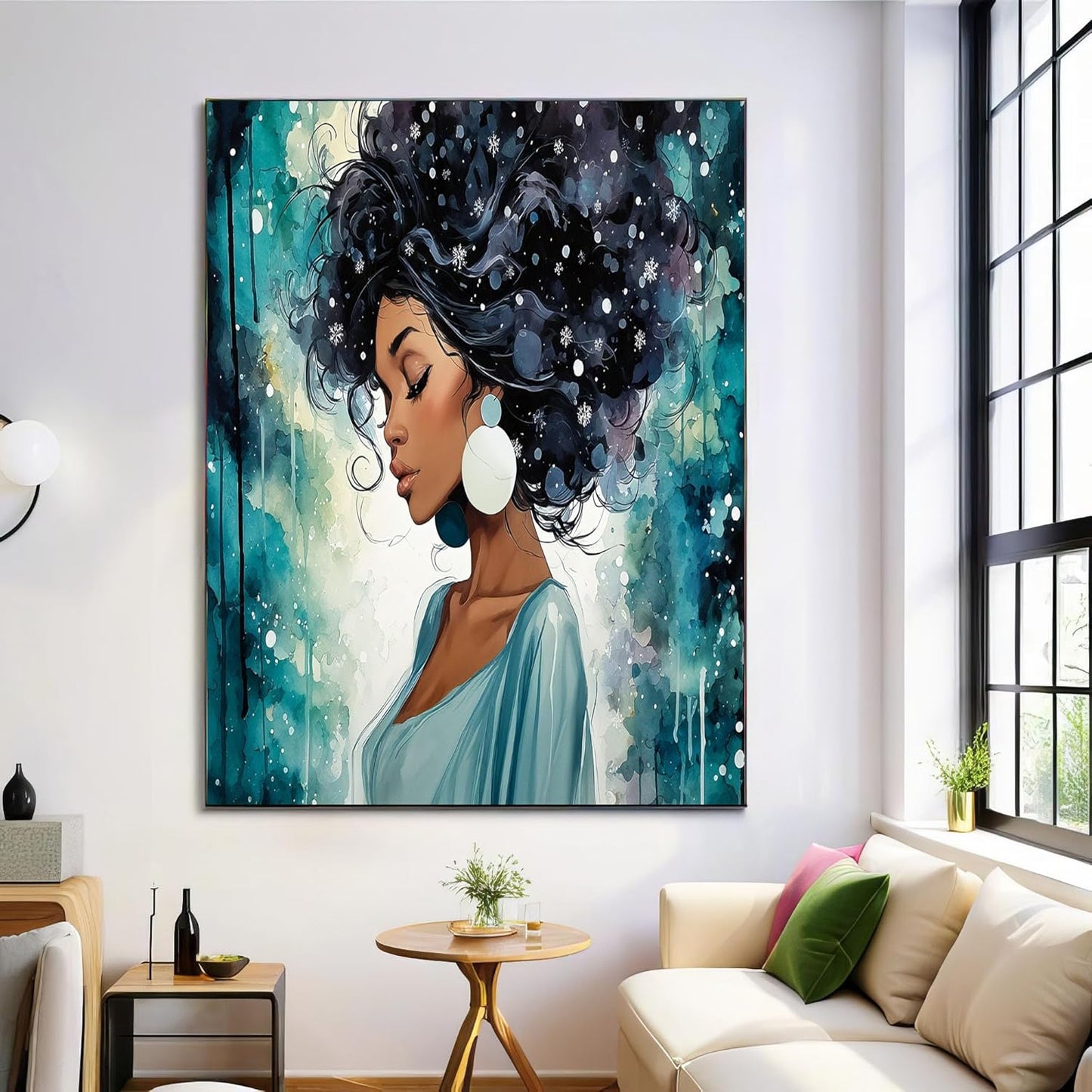 GDJSMIN Watercolor Style Wall Art, Beautiful Black Woman Light Blue Dress Poster for Reading Room Living Room Decor 16x 24 inch Unframed