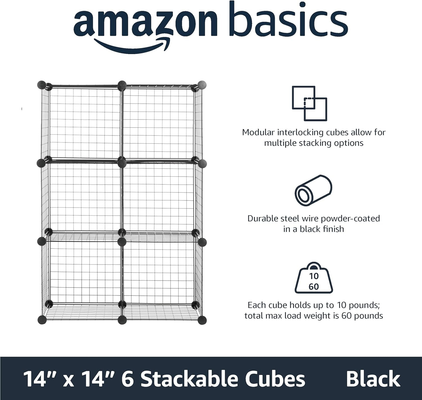 Amazon Basics 6 Cube Wire Grid Storage Organizer, Stackable Cubes, Cubby Bookcase, Display Shelf, 14" D x 14" W x 14" H, Black