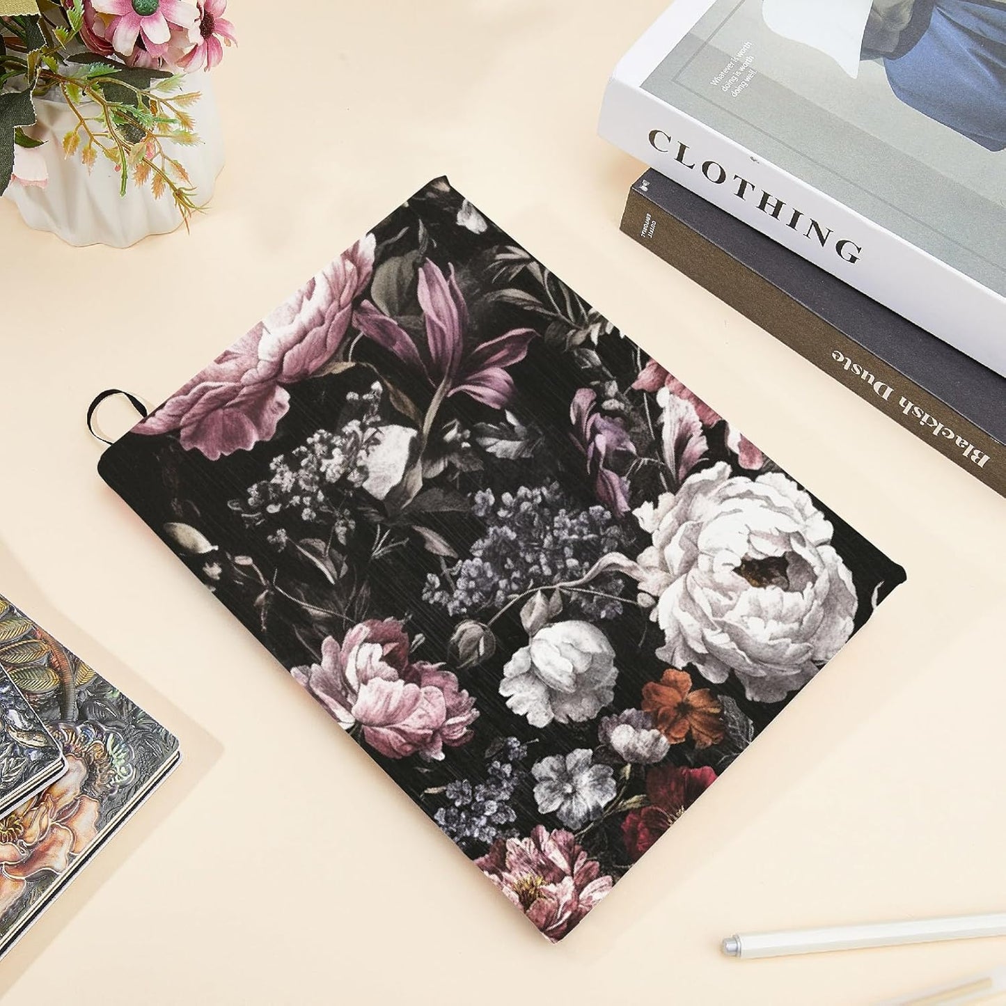 CRASPIRE Flower Book Cover Vintage Dark Floral Pattern Retro Elastic Book Sleeve Adjustable Reusable Washable Cloth Notebook Protector for Paperback Hardcover Bible Readers Gifts