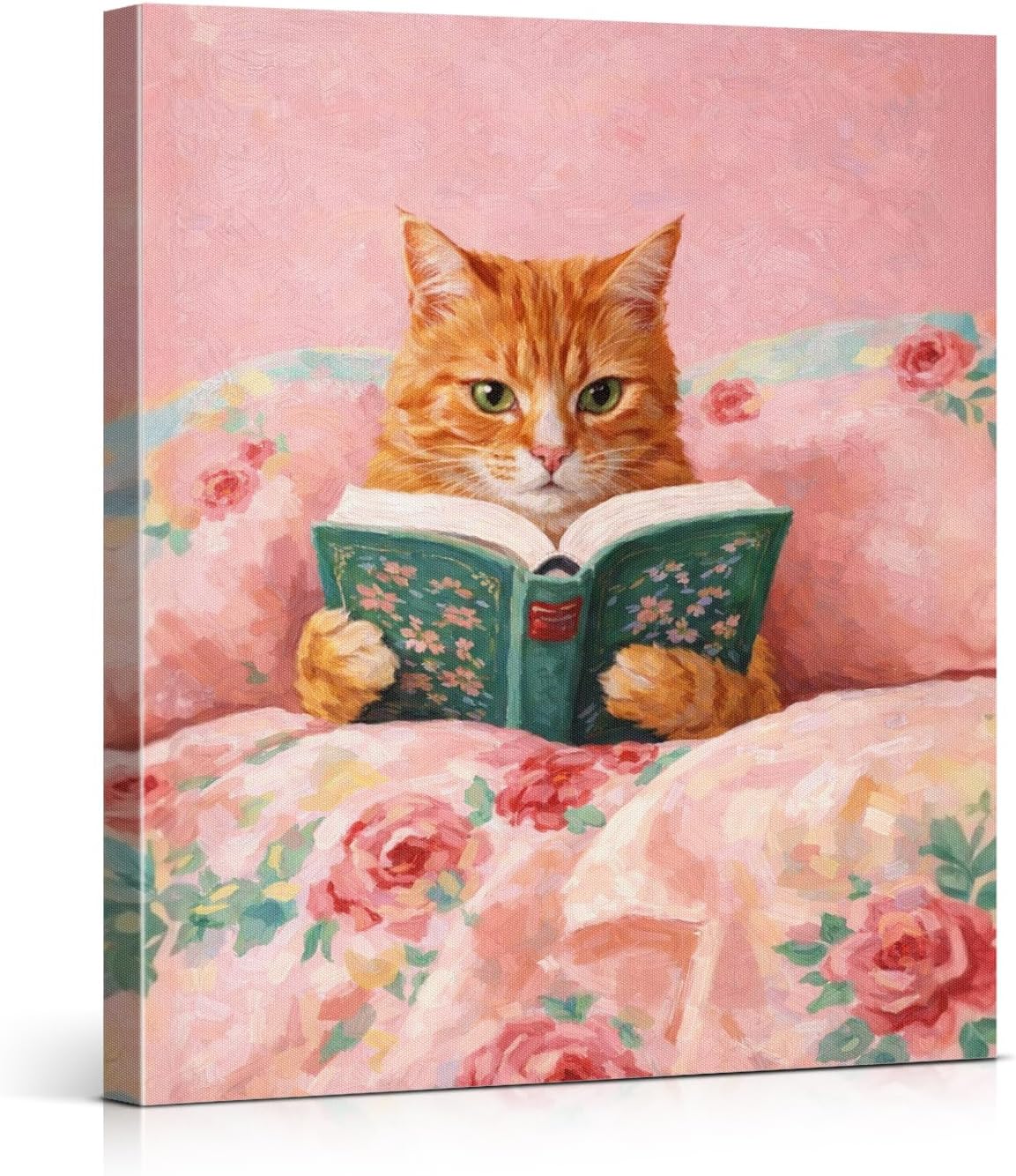 Vintage Cute Cat Pink Wall Art Print - Cat Reading Book Canvas Poster Painting - Pink Girly Wall Decor for Home Bedroom Dorm 8x10 Inch Framed