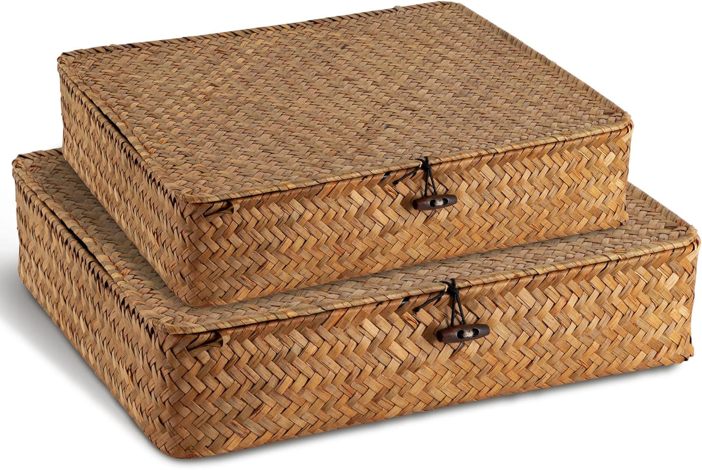 2 Pack 2 Size Seagrass Storage Bins with Lid,Boho Wicker Woven Organizer set, Decortive Rattan Basket Storage for Makeup Books Shelves Closet