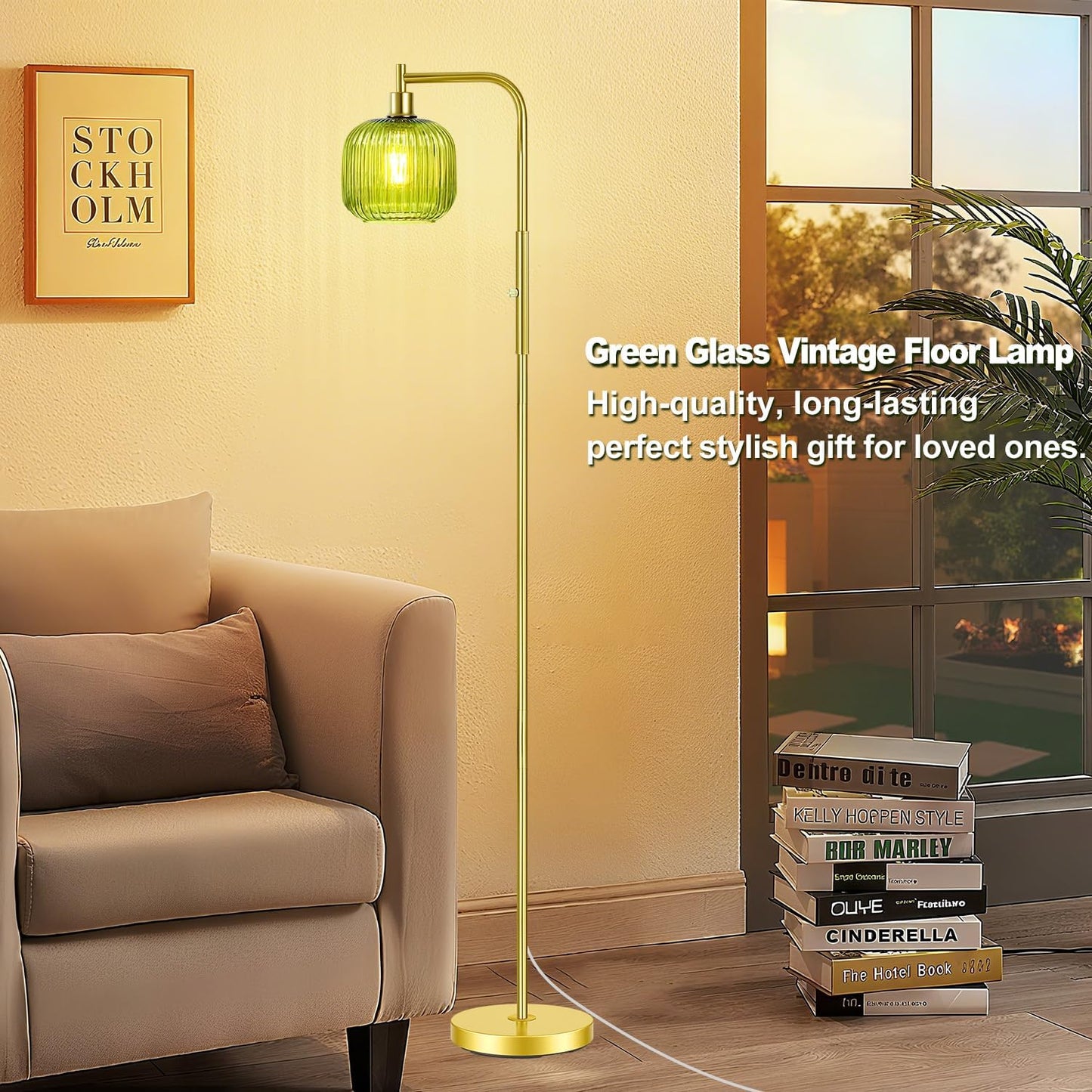 Dimmable Gold Floor Lamp with Ribbed Shade, Vintage Green Standing Lamp dimmable with Solid Base, Arc Floor Lamps Glass for Living Room, Bedroom, Office, Decorative Tall Corner Lamps Gift Use