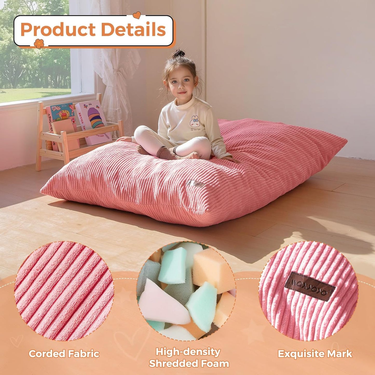 MAXYOYO 3 in 1 Kids Bean Bag Chair Bed, Convertible Chair Folds from Bean Bag to Lounger, Child Floor Sofa for Gaming, Reading, Floor Mattress with High-Density Foam Filling