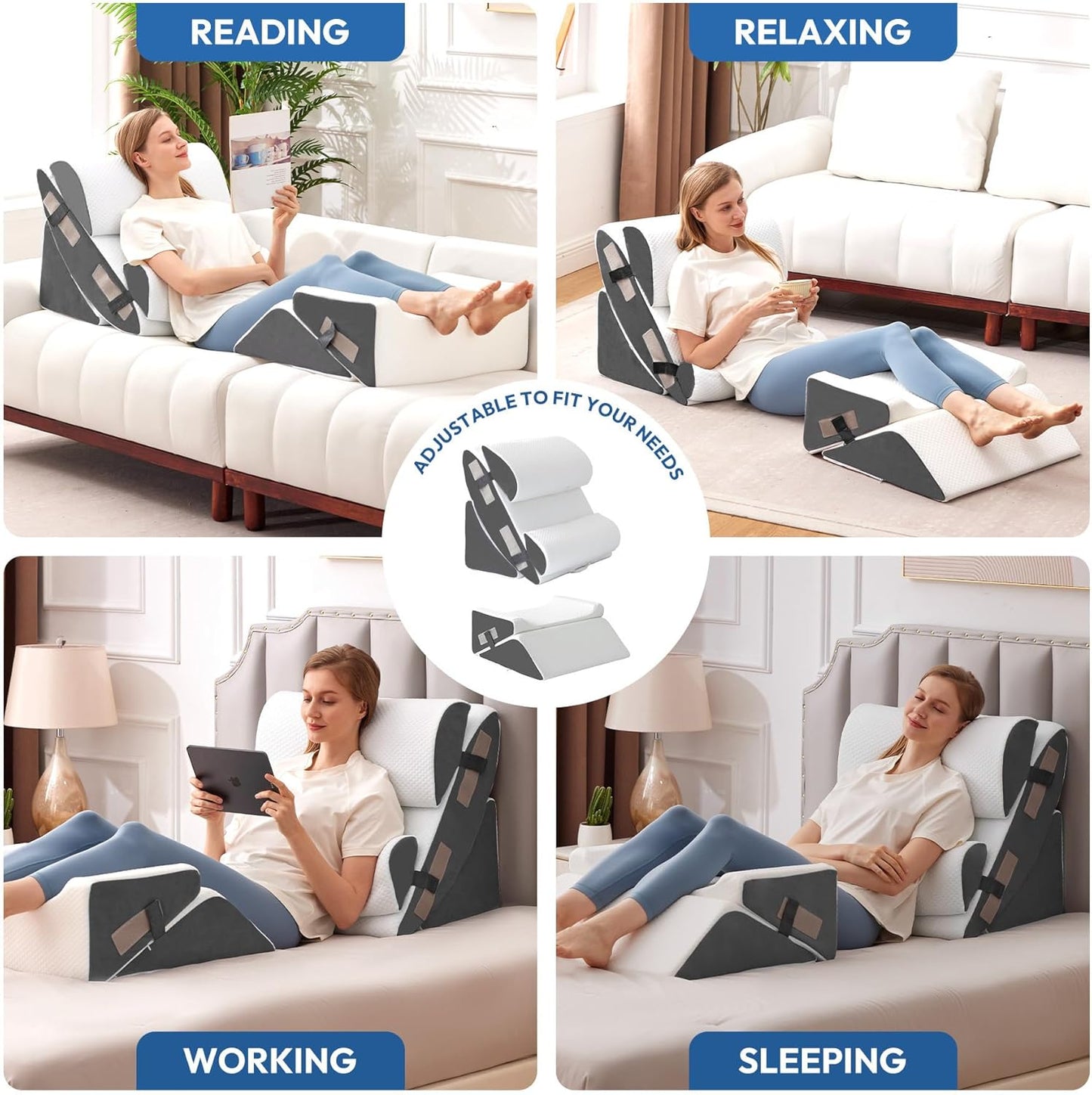 6PCS Wedge Pillow Set for After Surgery, Bed Wedge Pillow Post Surgery, Bed Pillows for Sitting Up, Sleeping, Acid Relux, Memory Foam Back Pillow, Beds Wedges & Body Positioners, White/Grey