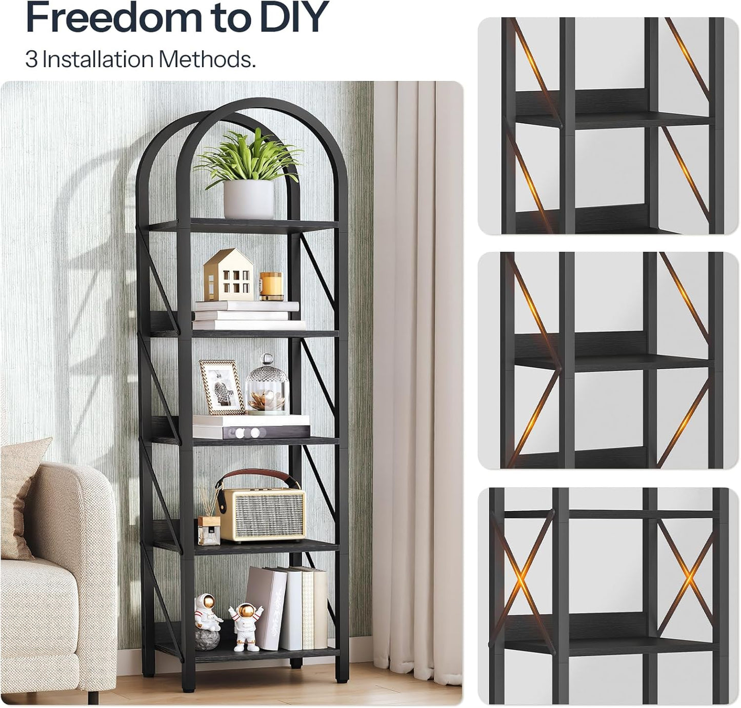 HOOBRO Bookshelf, 5-Tier Bookshelf Arched Display Racks, Industrial Bookcase with Metal Frame, Book Shelf Storage Organizer for Living Room, Office, Bedroom, Black BB425SJ01