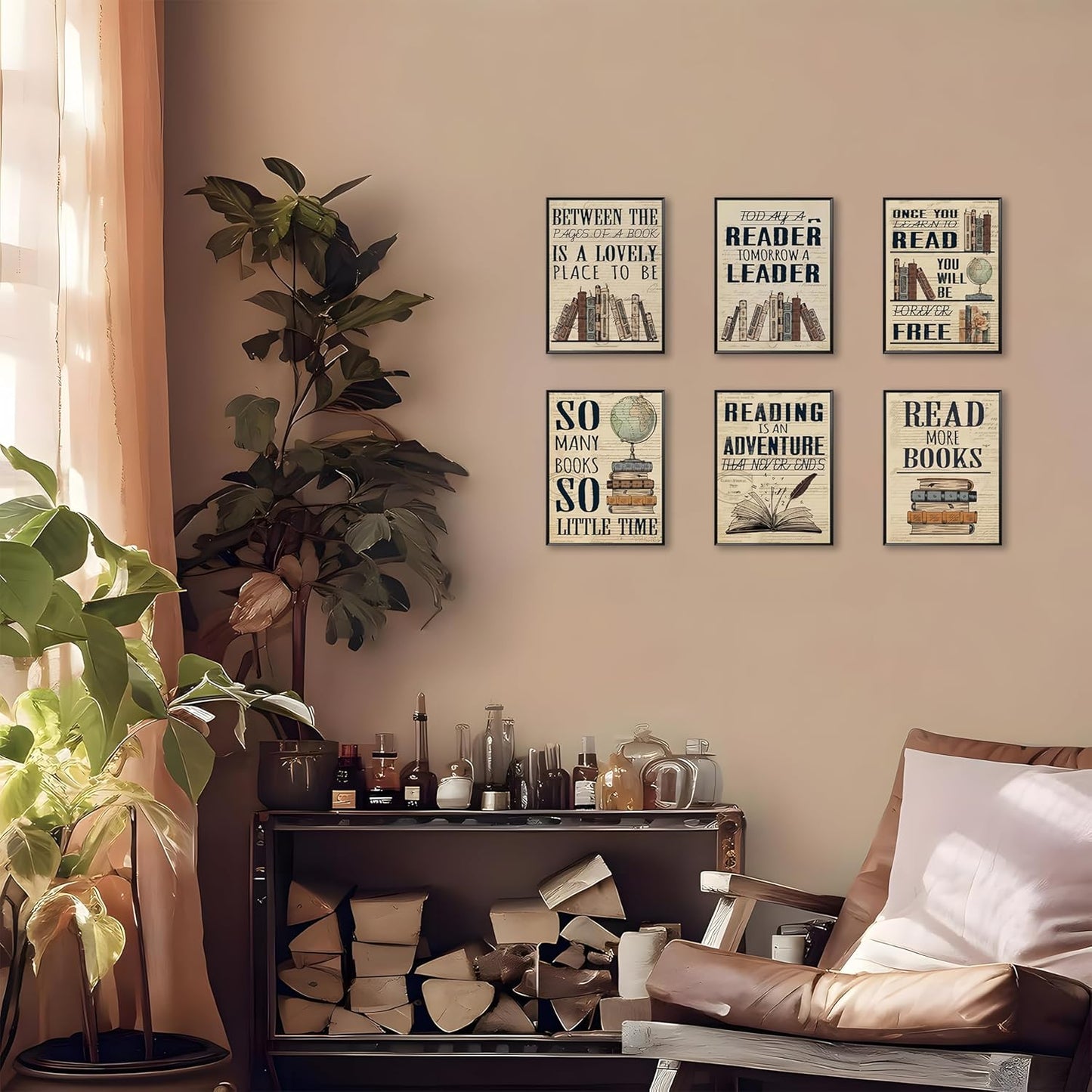 6 Piece Vintage Reading Quote Wall Art Prints, Retro Book Lover Canvas Posters with Inspirational Library Quotes, Rustic Literary Artwork for Classroom Study Office Living Room Home Decor 8x10 inch Unframed