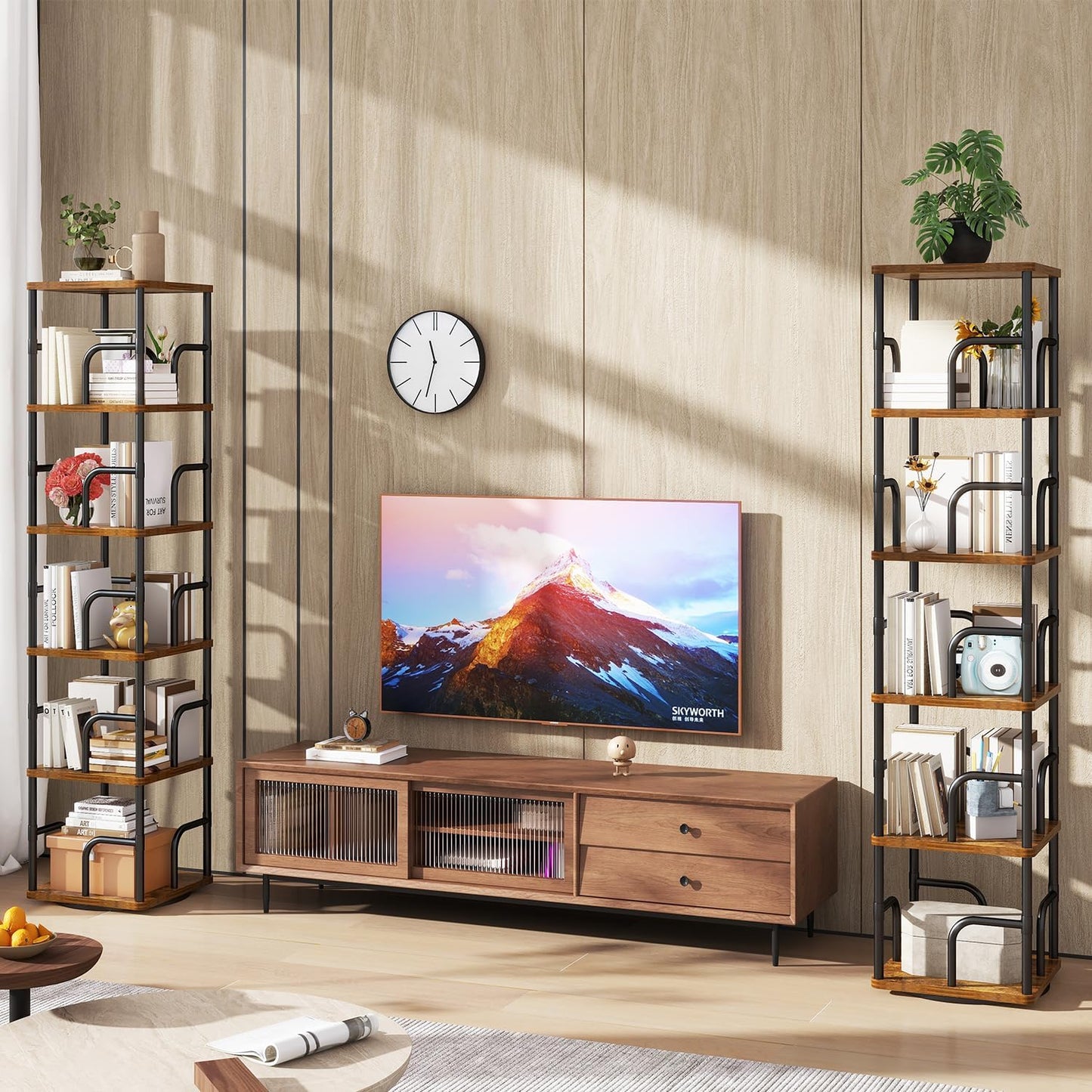 IBUYKE 6 Tier Square Rotating Bookshelf, 360° Spinning Bookcases Tower,Freestanding Corner Bookshelf with Rails,Industrial Swivel Bookcase Organizer for Bedroom, Living Room,Study,Brown,UTBC005H