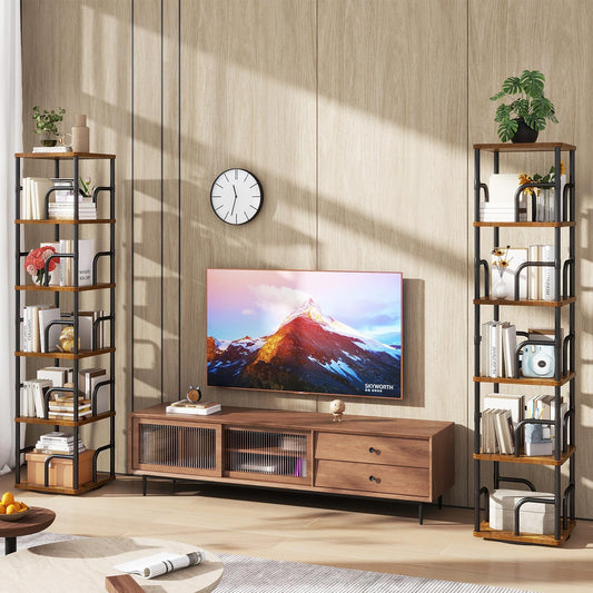 IBUYKE 6 Tier Square Rotating Bookshelf, 360° Spinning Bookcases Tower,Freestanding Corner Bookshelf with Rails,Industrial Swivel Bookcase Organizer for Bedroom, Living Room,Study,Brown,UTBC005H