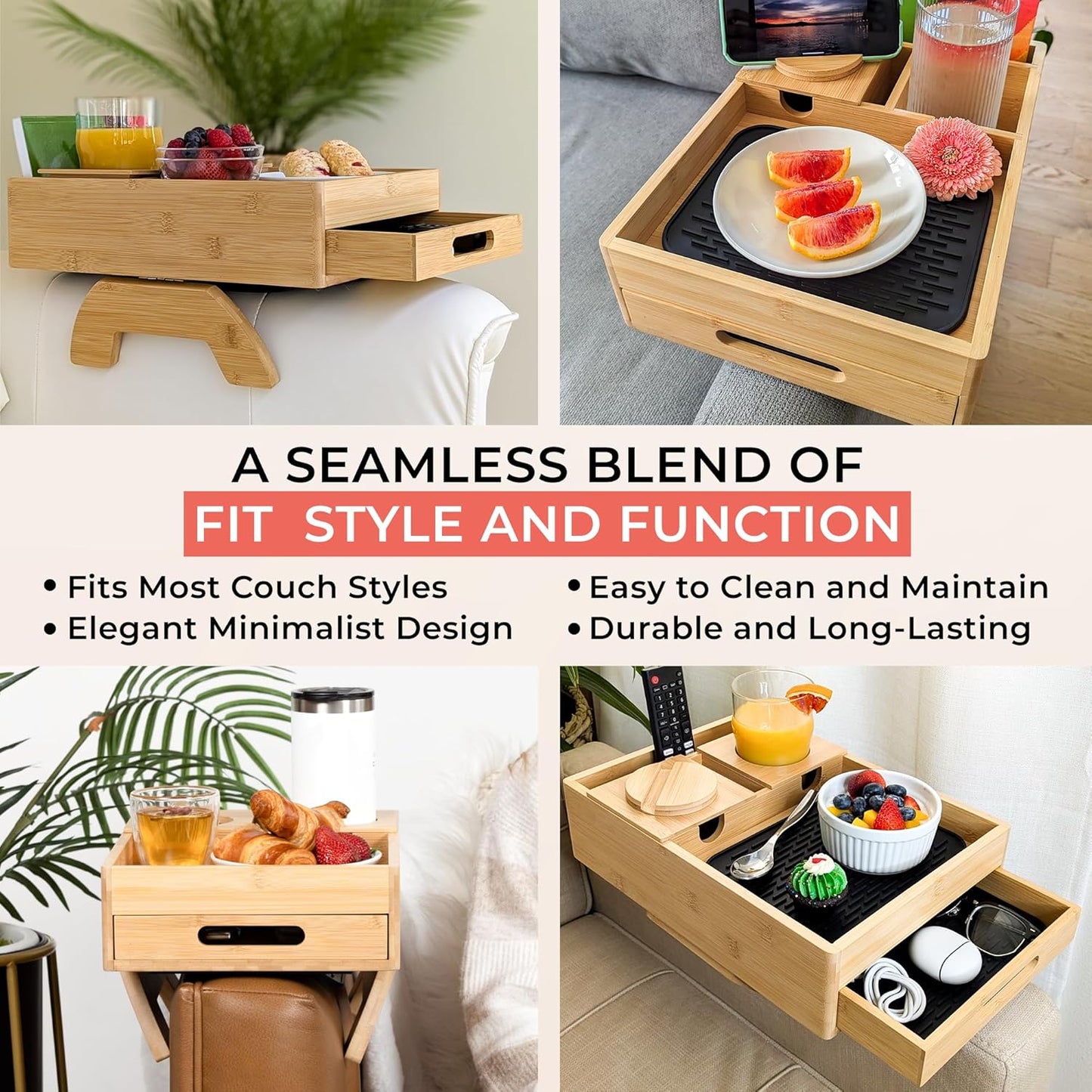 7-in-1 Sofa Armrest Tray with Drawer, Clip-On Side Table for Wide Armrest, TV Organizer with Cup Holder, Phone Stand, Remote Storage, Drinks, Snacks, and Accessories