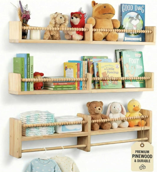 Floating Book Shelves for Nursery – Nursery Shelves for Wall with Hanging Rod – Set of 3 Wooden Wall-Mounted Shelves, Rounded Edges, Bookshelf for Kids Room Decor, 31.5" x 3.9" x 3.7