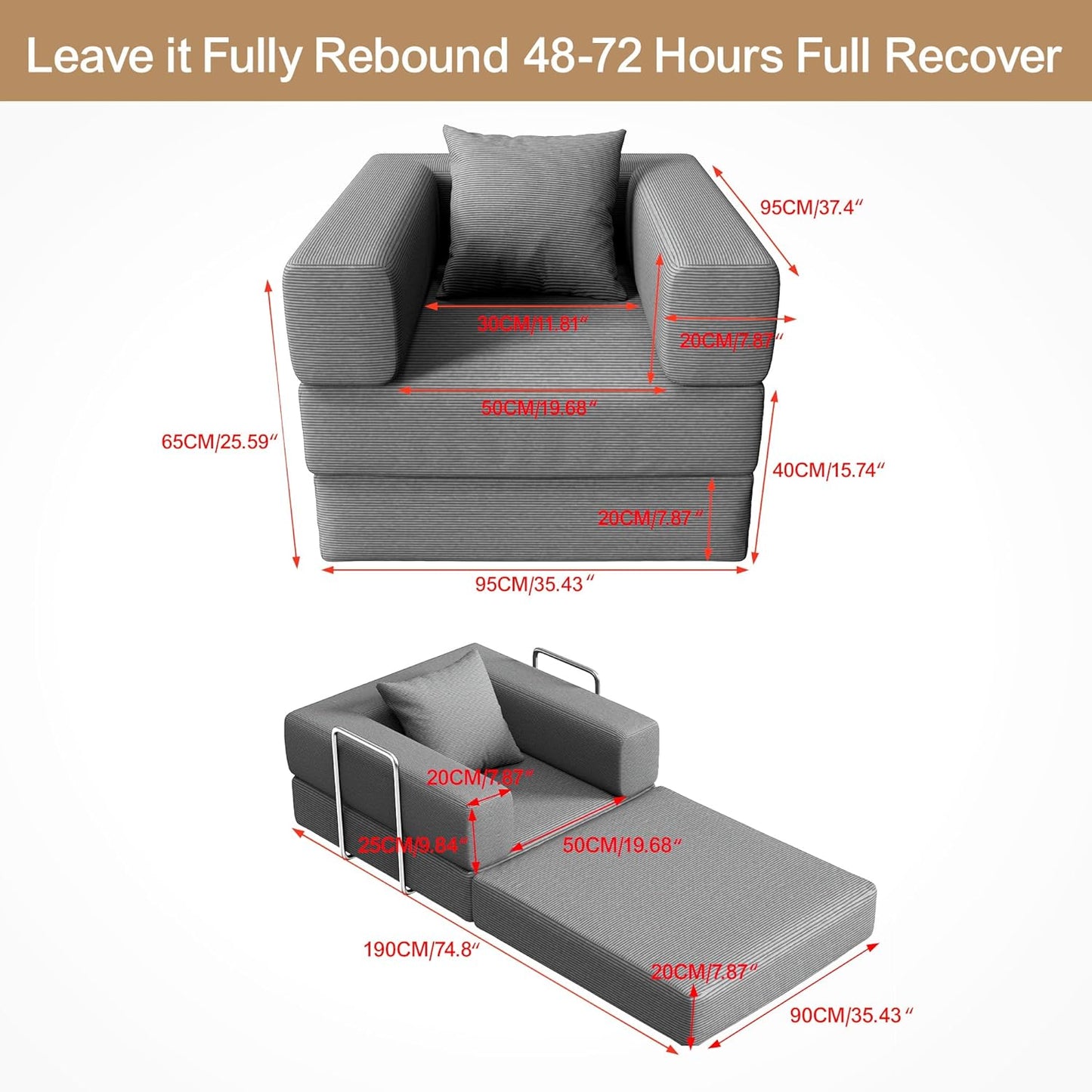 2-in-1 Floor Foldable Sofa Couch Convertible Sleeper Chaise Lounge Chair Indoor Portable Fold Out Futon Mattress with Back Support for Living Room,Bedroom (Gray, 35.43" Single Sofa)