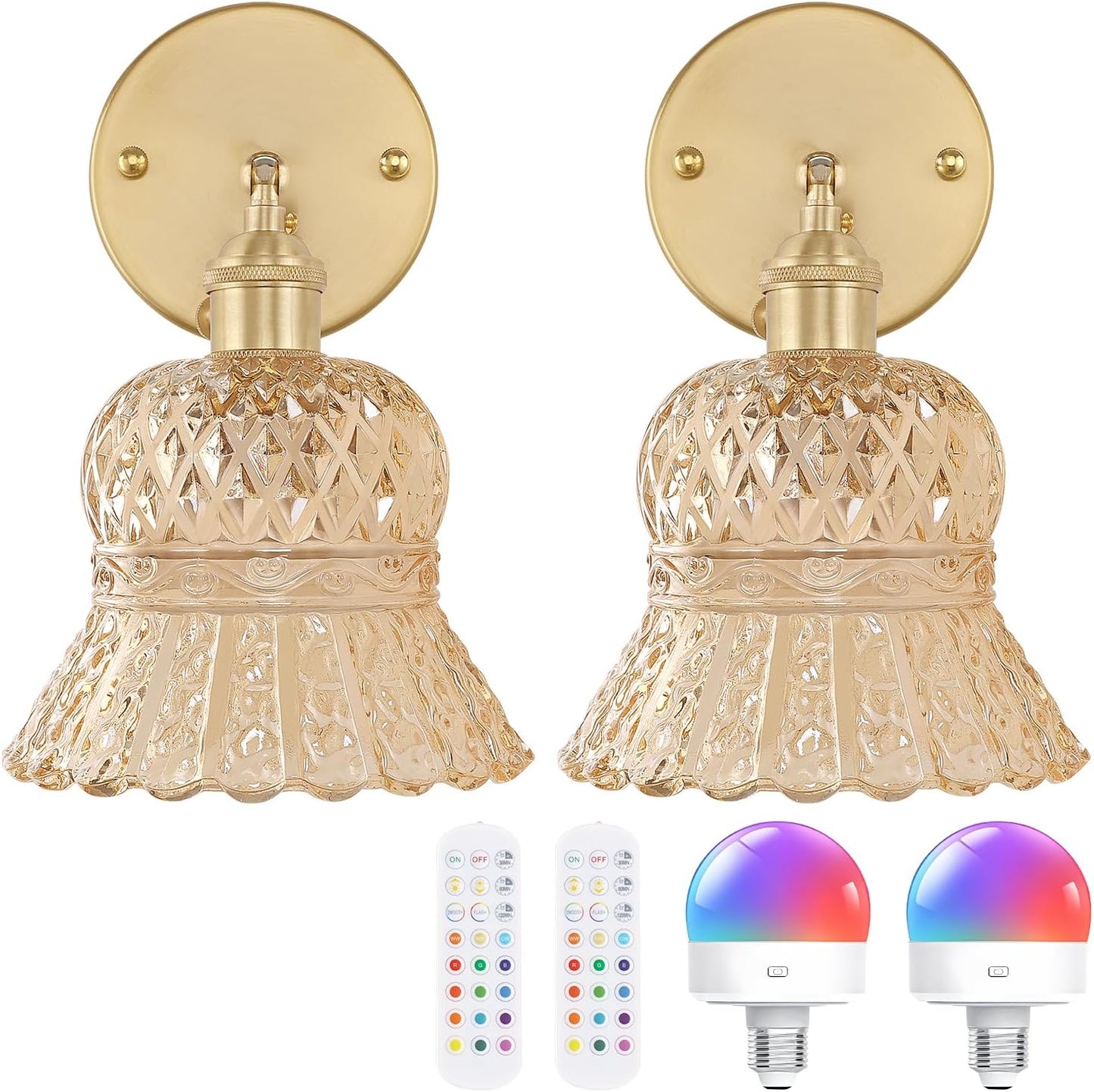 Vintage Battery Operated Wall Sconces Set of Two, Rechargeable Battery Powered Wall Sconce with Remote Control, Wireless Dimmable LED Light for Bedside Indoor Living Room (Amber Pineapple)