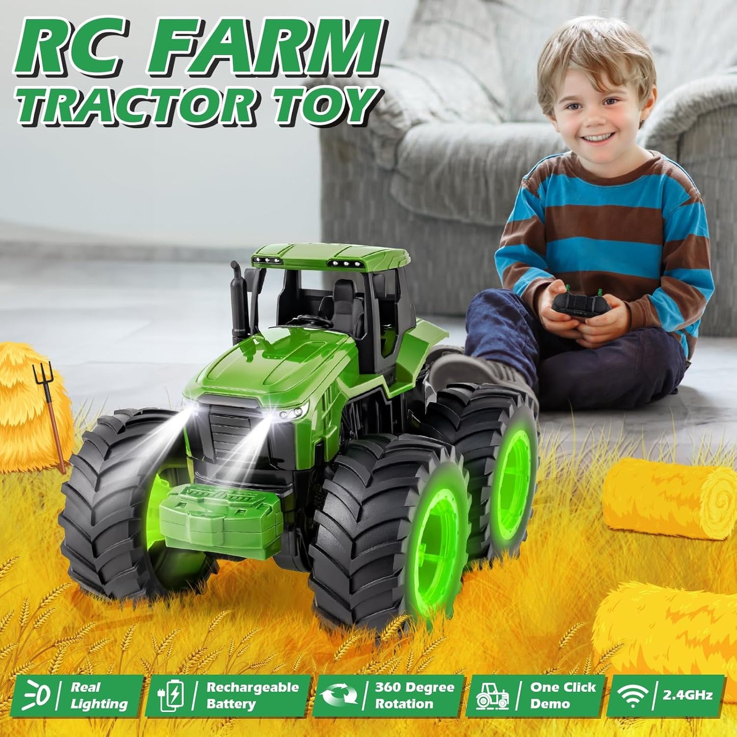 Remote Control Tractor Toys, Light Up Farm Monster Trucks Toy for Boys 3, 4, 5, 6, 7 Year Old, 2.4 Ghz RC Tractor Toys, Ideal Christmas, Birthday Gifts for Kids