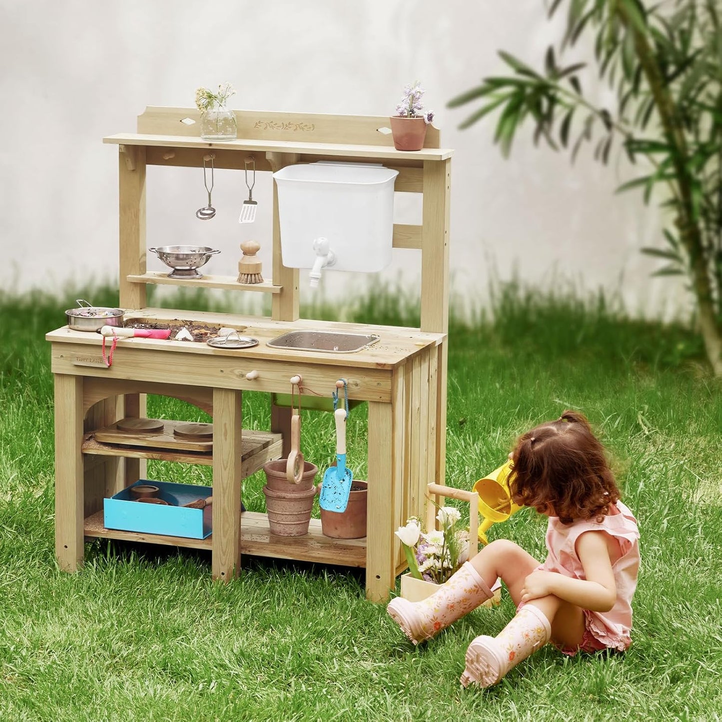 Tiny Land Outdoor Mud Kitchen for Kids, Wooden Play Kitchen with Water Tank, Water & Cooking Play, Sensory Fun, Weather-Resistant with Storage, Ideal for Toddlers Ages 3+