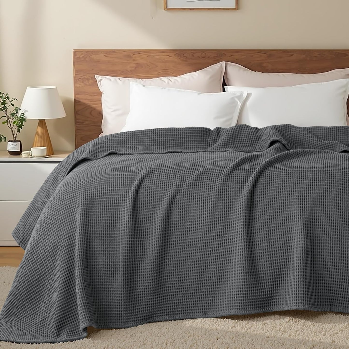 Exclusivo Mezcla 100% Cotton Waffle Weave Blanket Queen Size, Soft, Lightweight and Breathable Muslin Gauze Blanket for Bed, All Season, 90"x90", Dark Grey