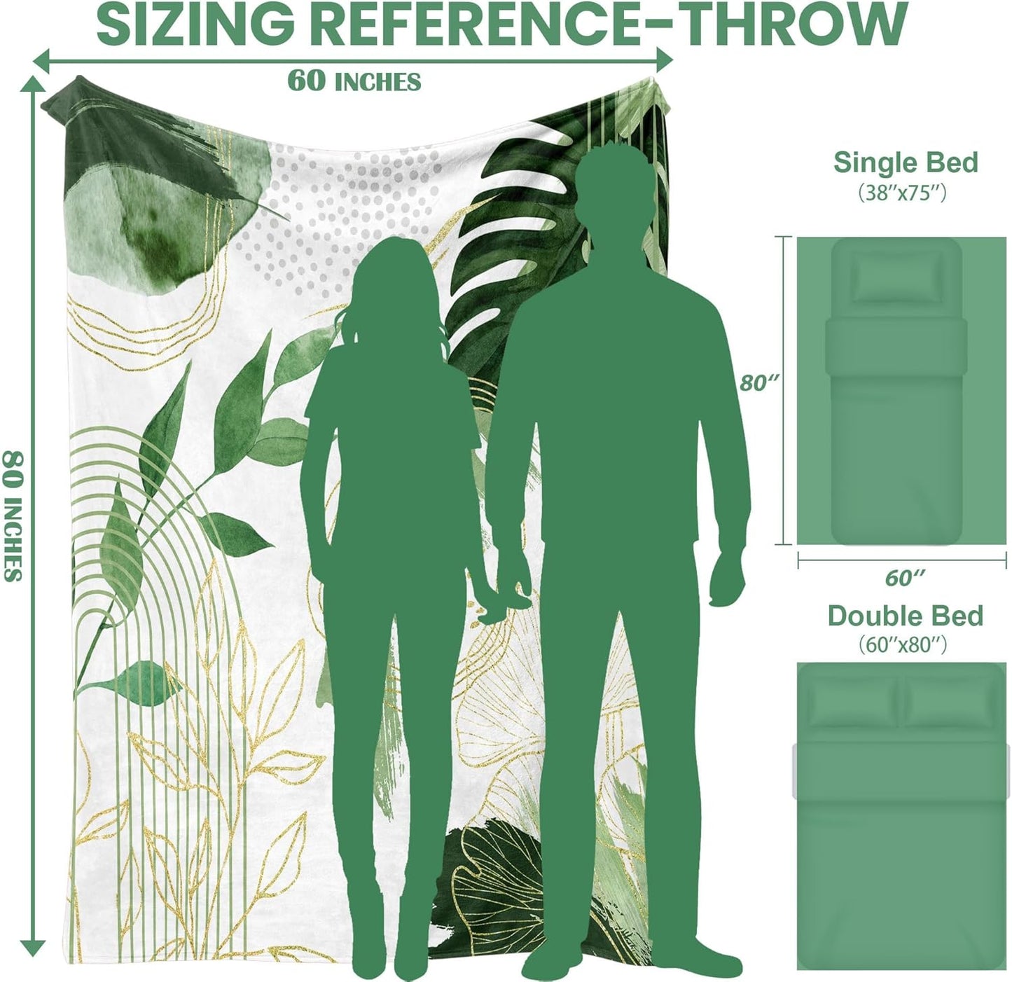Sage Green Leaf Twin Blanket Mid-Century Green and Gold Boho Flannel Blankets for Bed Living Room Sofa, Decorative Patterned Super Soft Cozy, 60x80 in