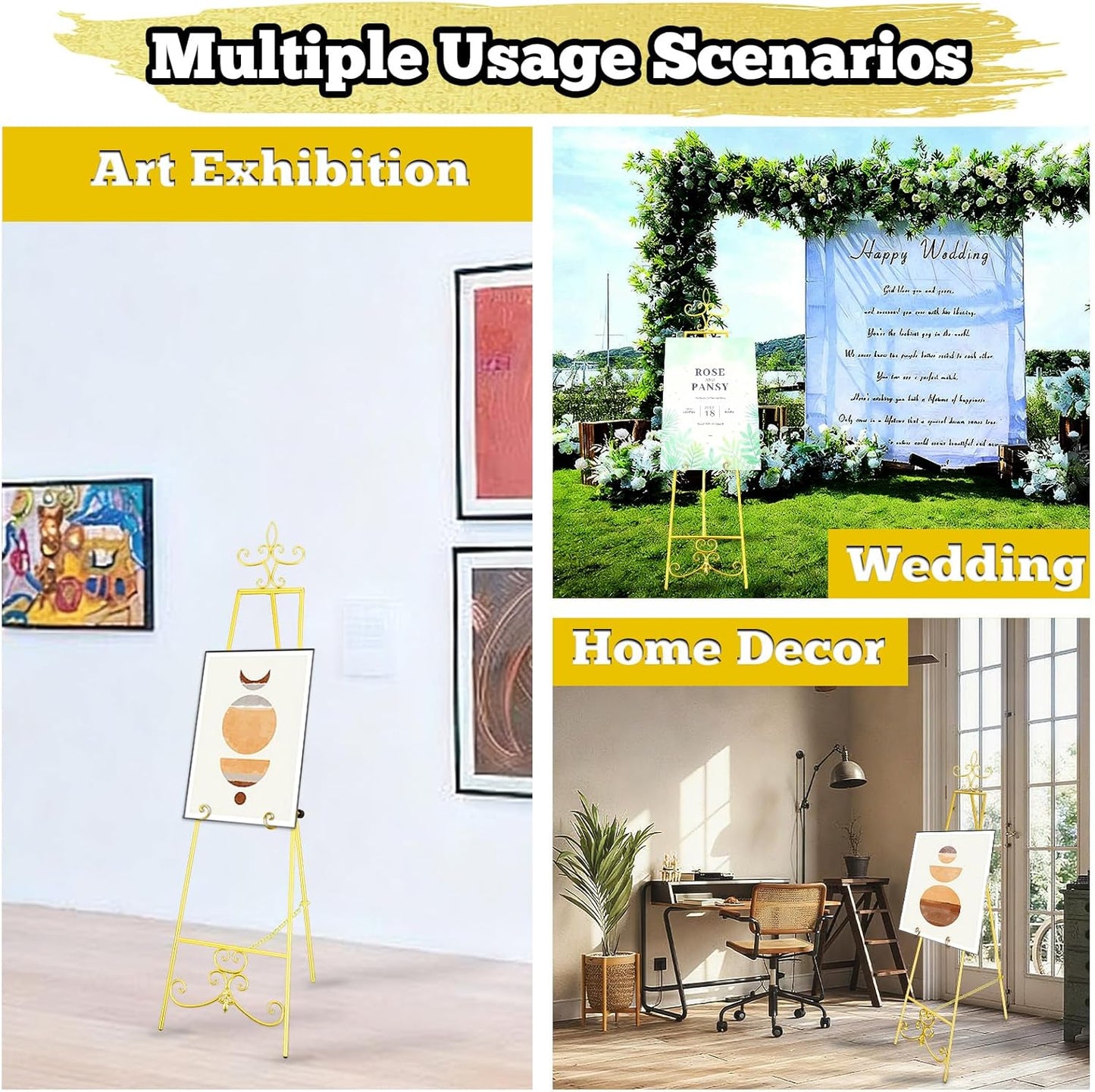 57'' Gold Easel Stand for Sign, Heavy Duty Metal Display Stand with Adjustable Chain, Vintage Decor Art Easel for Display, Picture Frame Stands for Wedding Welcome Sign Posters Painting