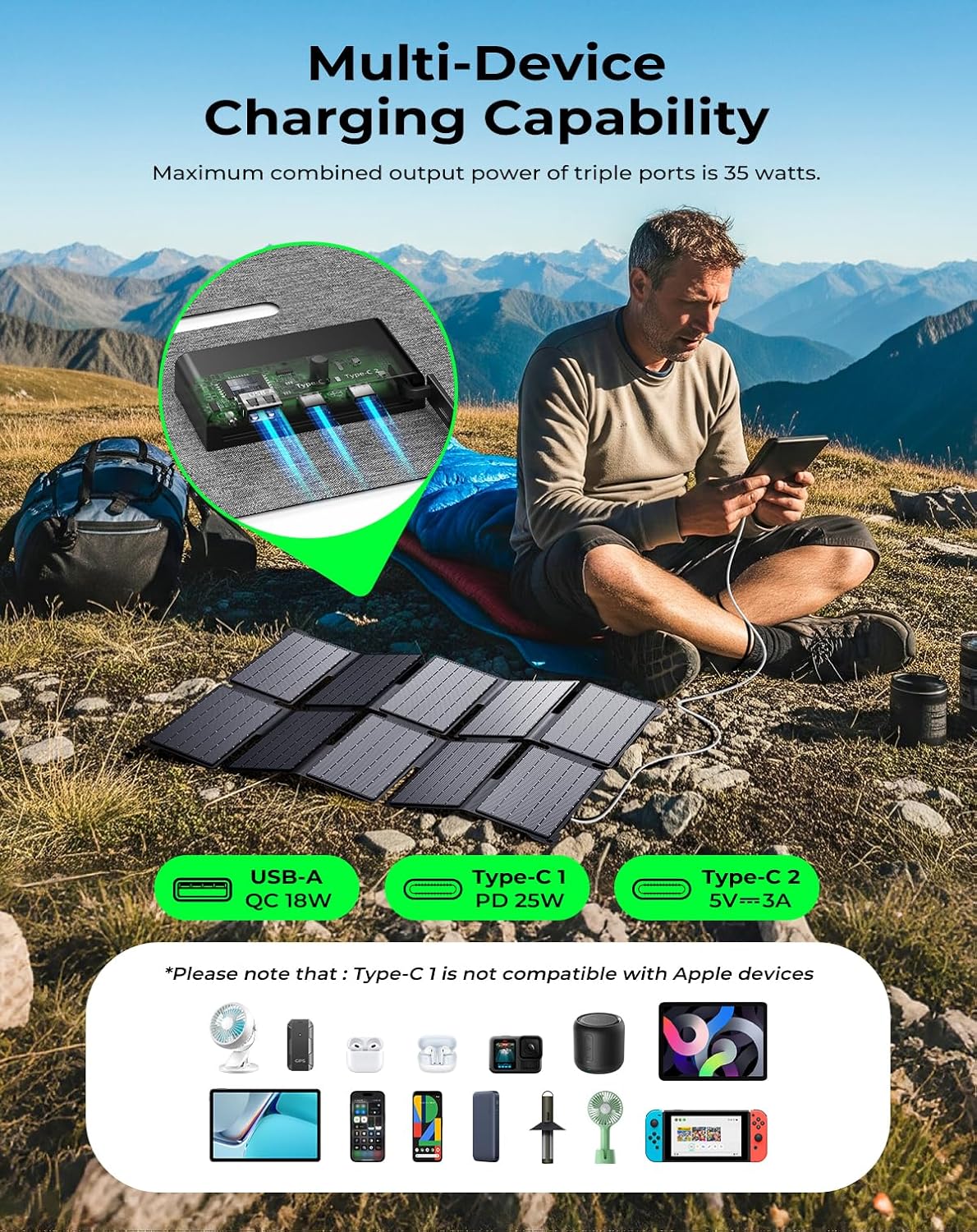BigBlue Portable 35W Solar Panel Charger with Fast Charging USB-A and PD 25W USB-C for Camping Backpacking, 1.54 lbs, IP68 Waterproof, Folding Solar Phone Charger for iPhone/Android, iPad, Power Bank