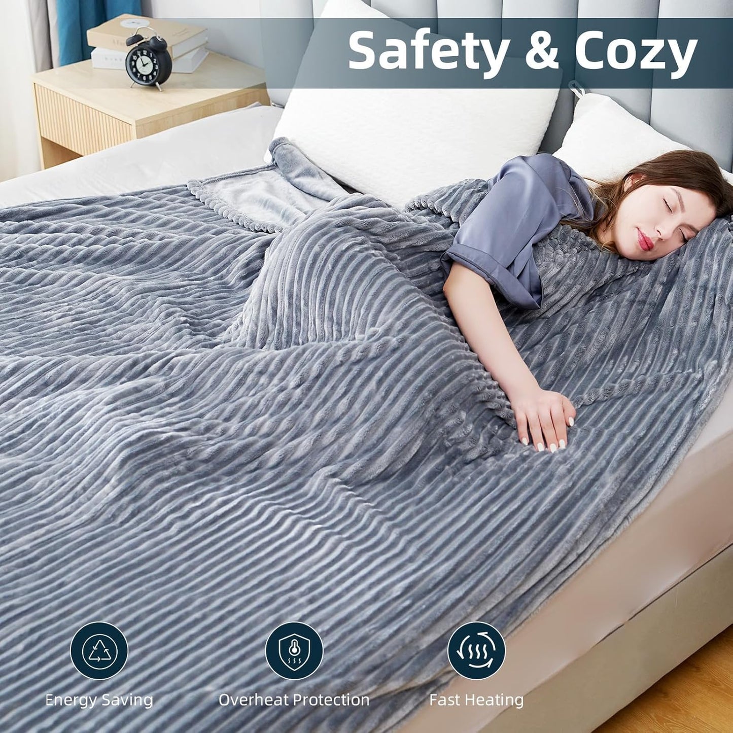 Electric Heated Blanket Full Size 72"x84",Fast Heating Throw, Soft Striped Flannel for Bed & Couch, 1-12 Hours Auto Off & 12 Heating Levels, Machine Washable, Gifts for Family-Light Gray