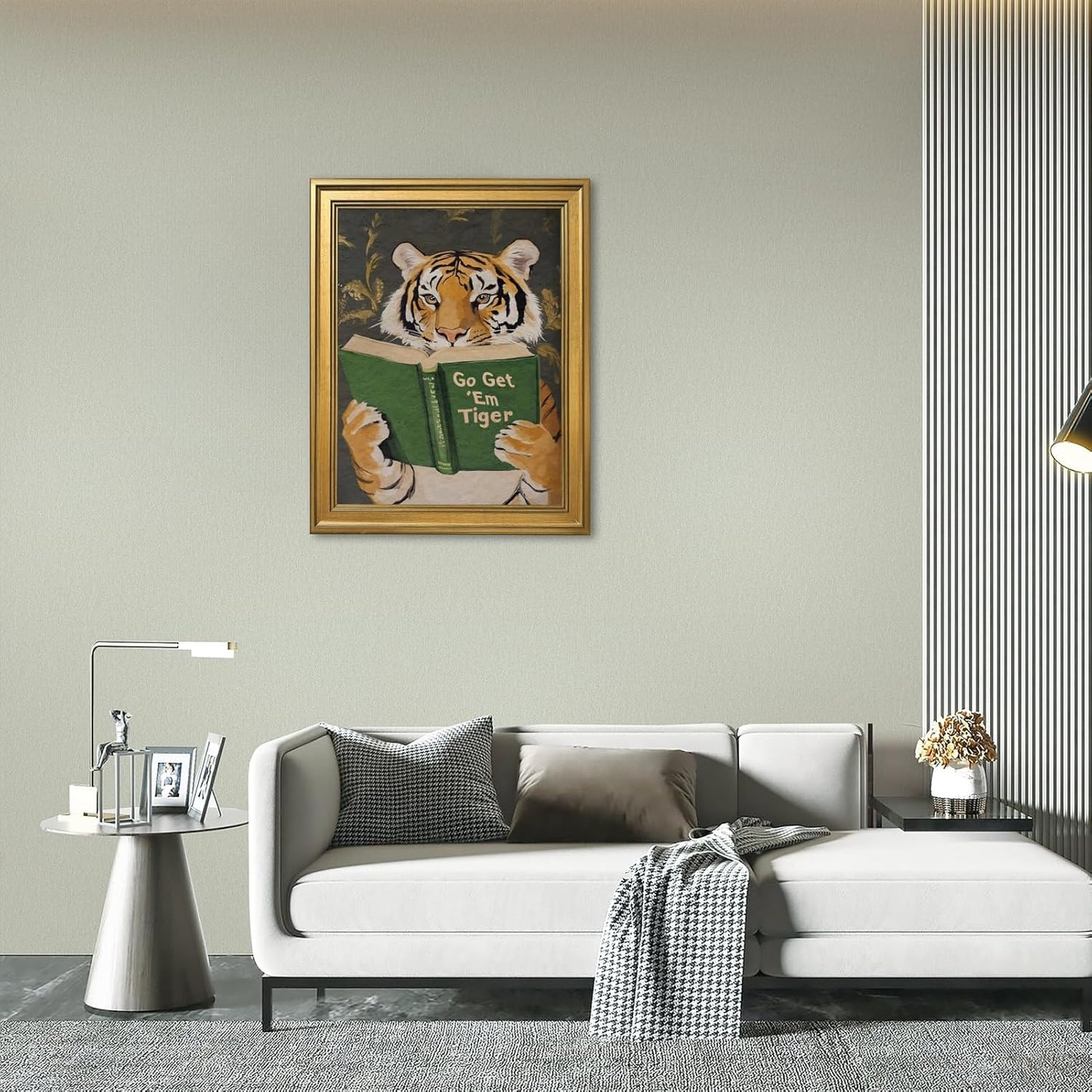 Large Gold Framed Reading Tiger Canvas Wall Art Go Get Em Wild Animal Painting Poser Prints Funny Booklish Jungle Inspired Surreal Picture Humor Big Cat Artwork for Rustic Room Decor 24x36inch