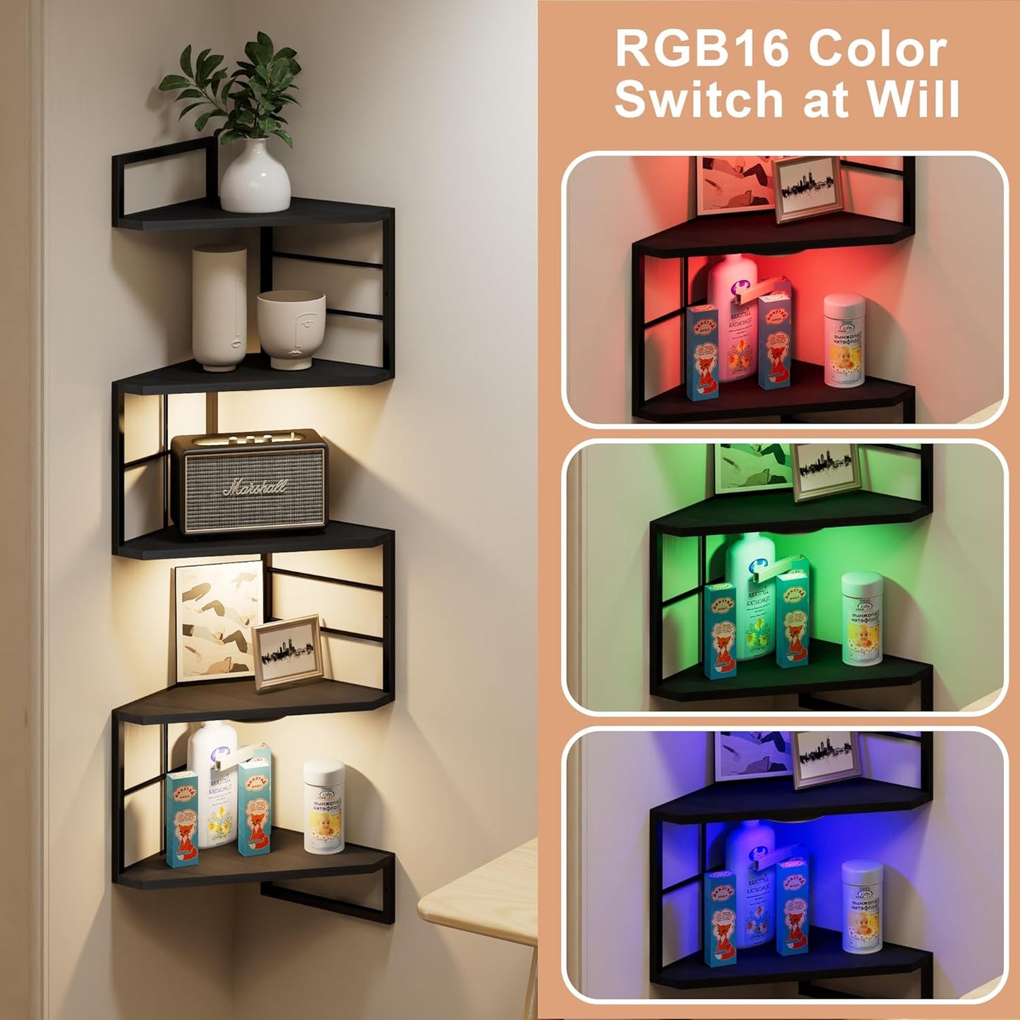Floating Corner Shelves with Light - 5 Tiers Metal Corner Shelf Wall Mounted for Bedroom Living Room Office Kitchen, Easy-to-Assemble Corner Wall Shelves, Black