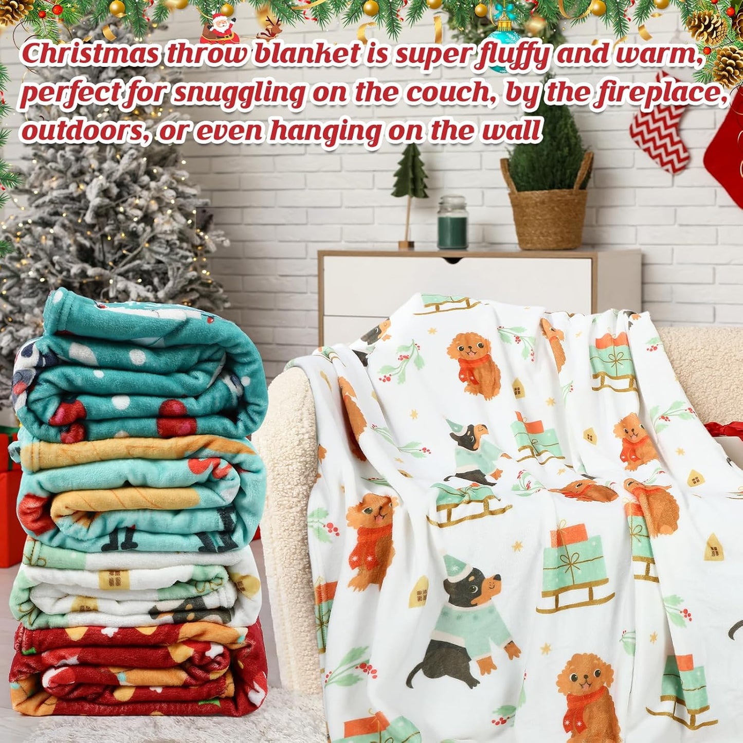 4 Pack Christmas Throws Blanket Bulk Christmas Flannel Blanket for Dog Xmas Lightweight Throw Warm Fluffy Plush Quilt Xmas Fleece Fuzzy Soft Throw for Couch Sofa Chairs, 51”x 59”(Dog)